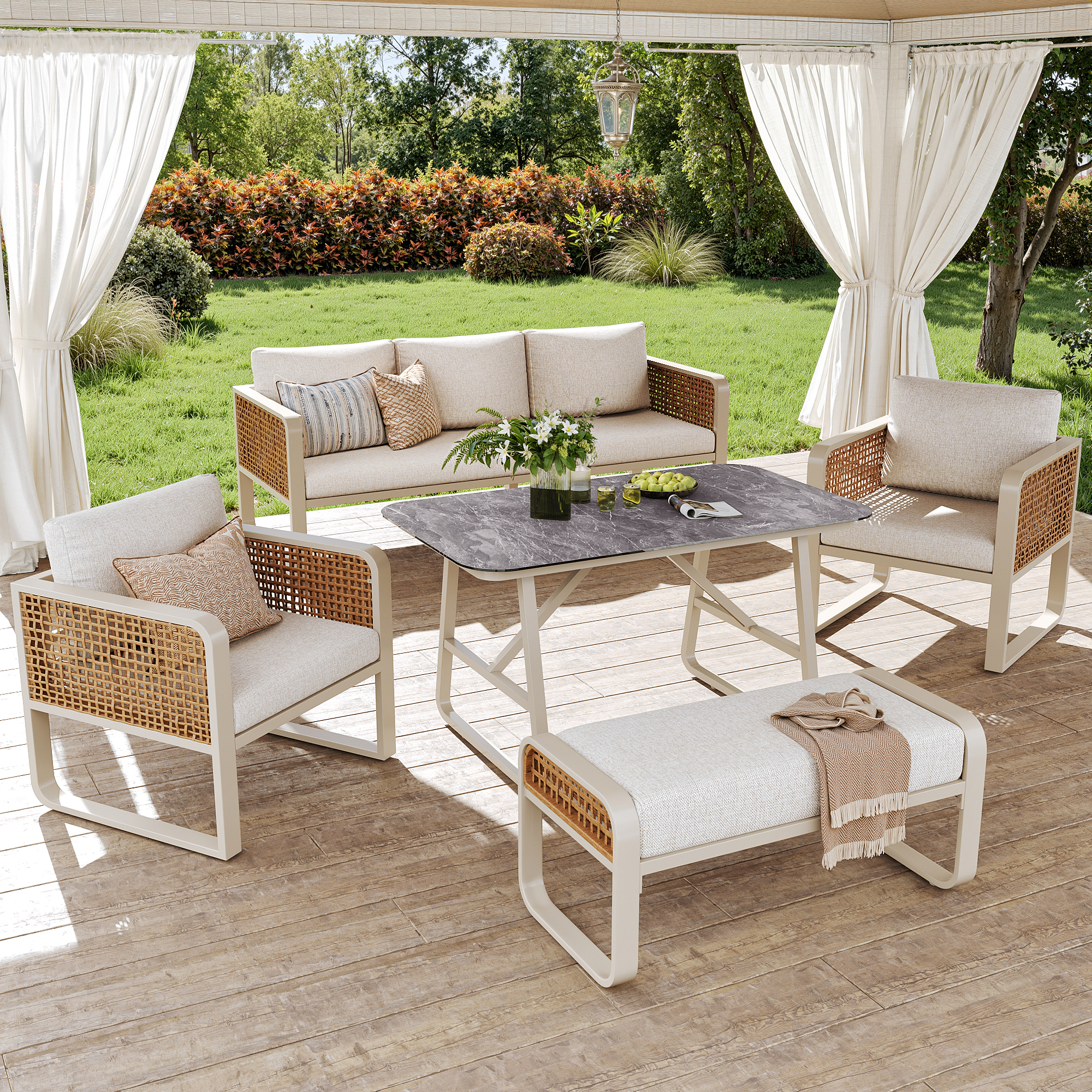 Stilvora 7-sitzer Gartenmöbel Aus Metall Und Wasserdichtem Stoff Mit Tisch, Sofa, 2 Sesseln, Bank Und Dicken Kissen, Beige