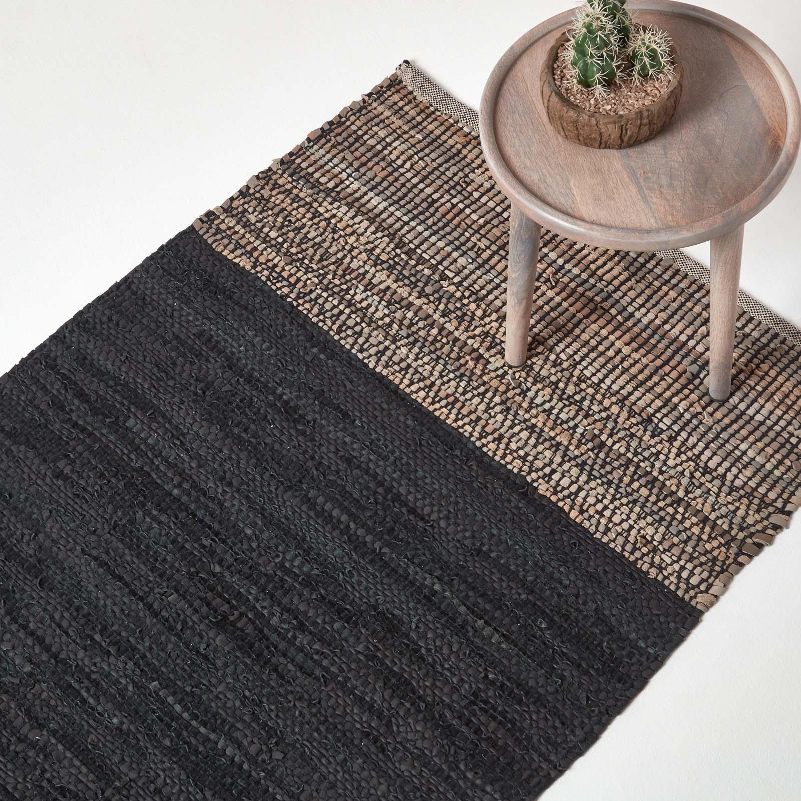 Homescapes Black Recycled Leather Handwoven Herringbone Rug, 120 X 180 Cm