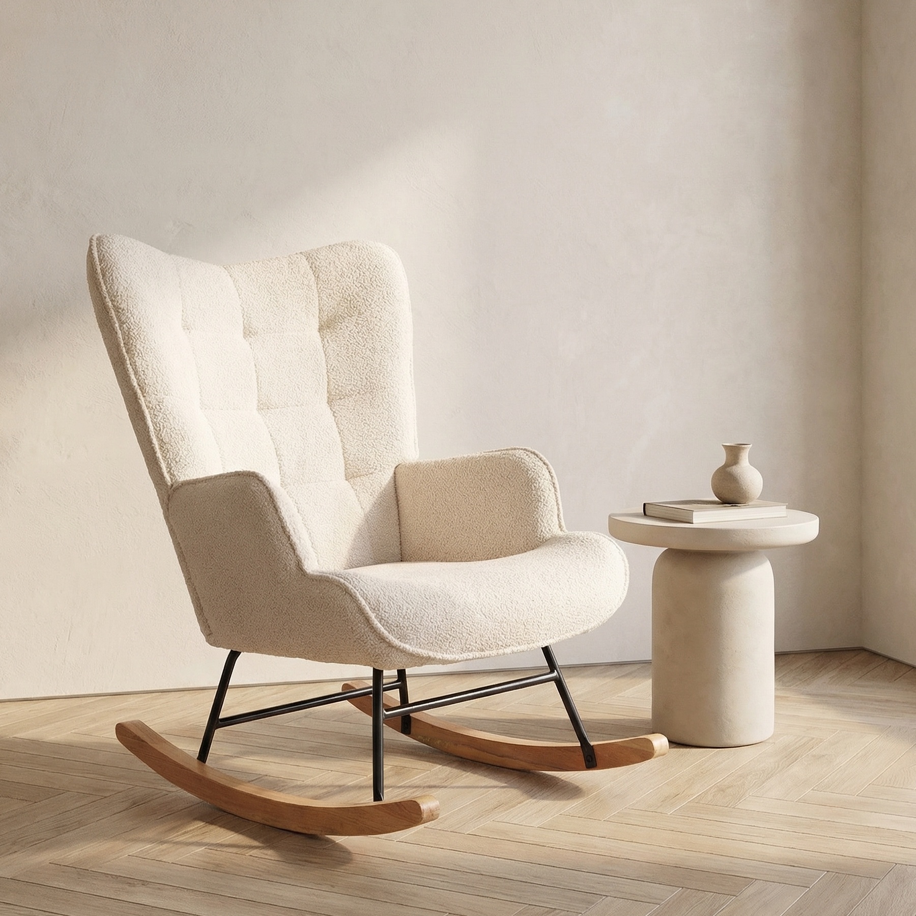 Rocking Chair En Tissu Bouclette Beige - Fauteuil À Bascule Design
