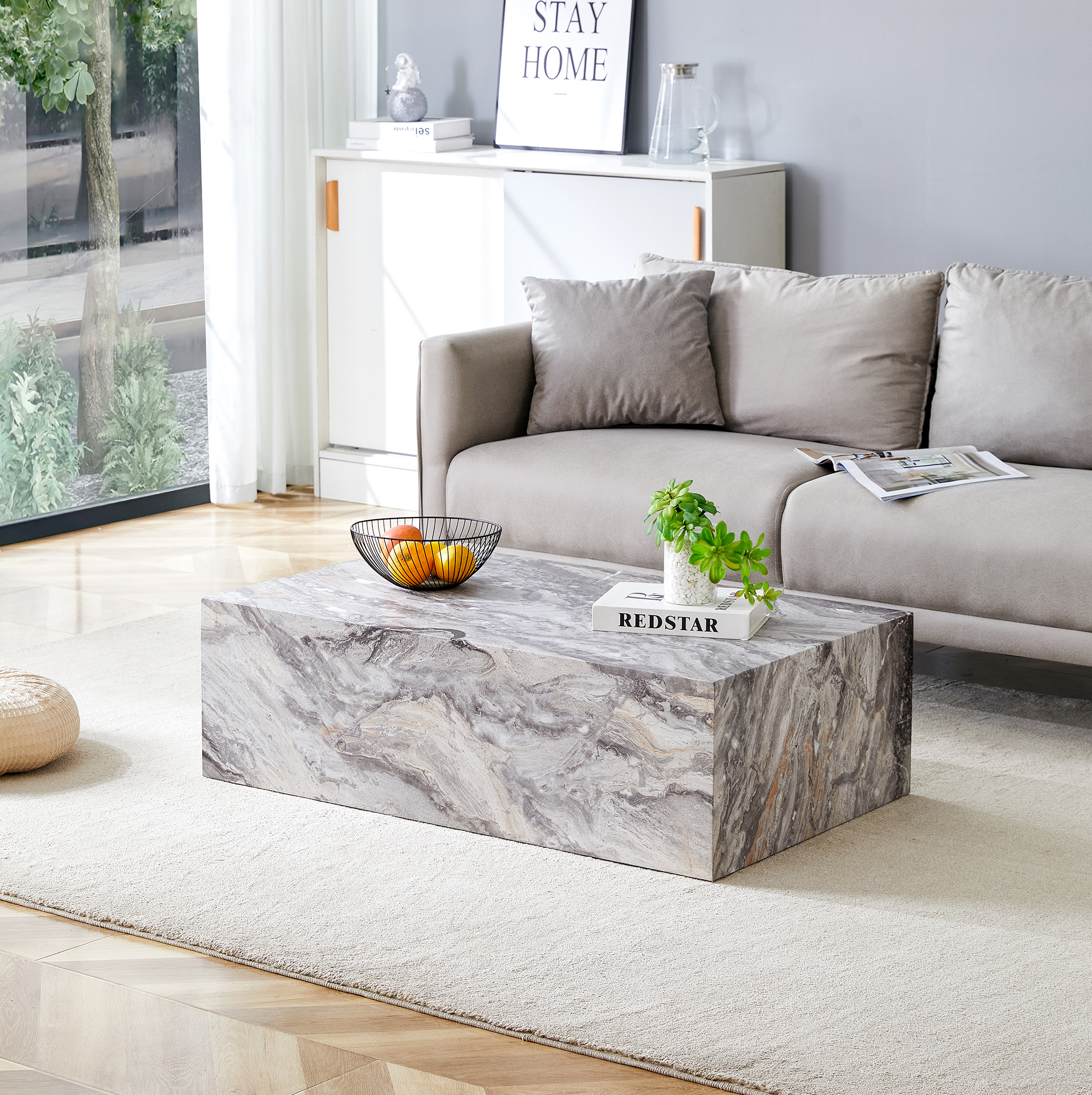 Okwish Rechteckiger Couchtisch, Marmorimitat-struktur, Montagefrei, Aus Grauem Mdf, 90x50x30 Cm