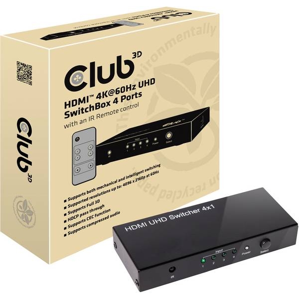CLUB3D HDMI 2.0 UHD SwitchBox 4 Ports, HDMI, 2.0a, 4096 x 2160 Pixel, Schwarz, Metall, 4K Ultra HD - Image 3