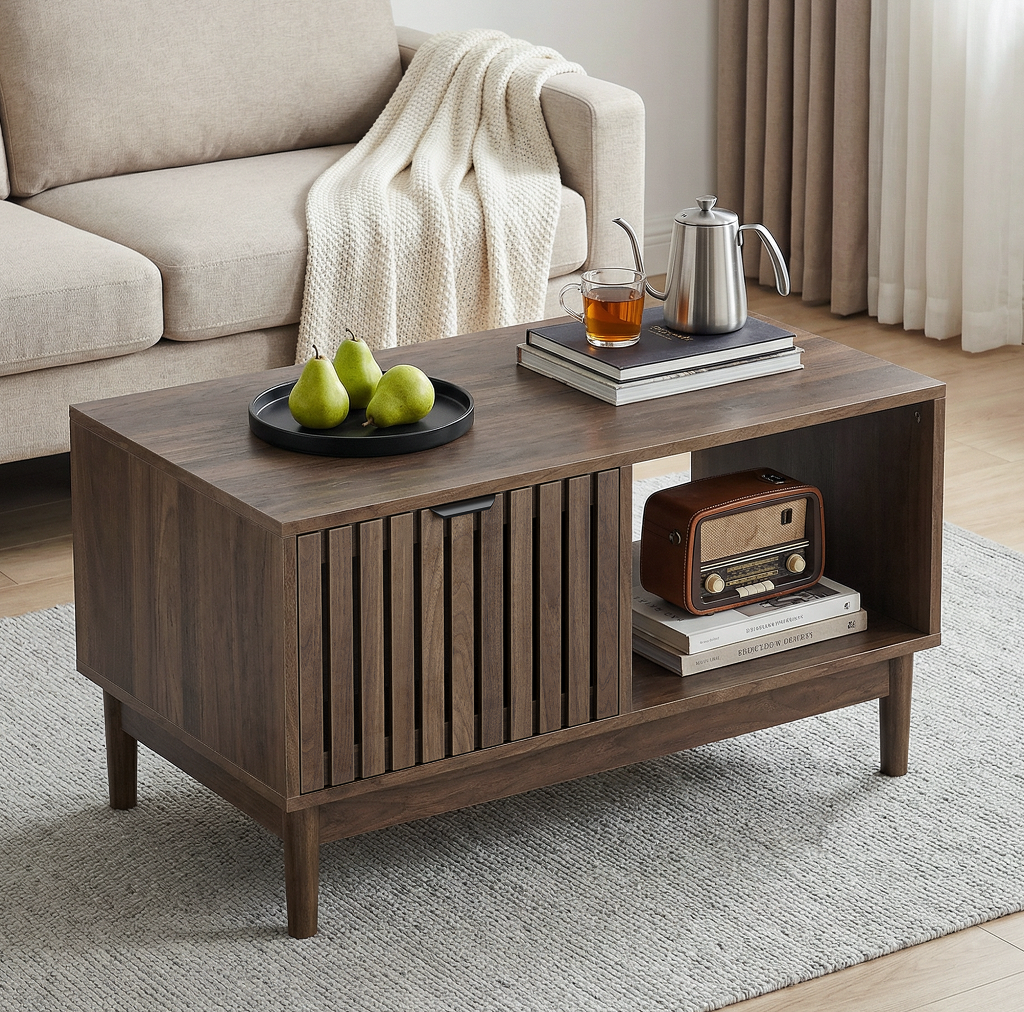 Table Basse Avec 1 Tiroir Et Étagères Ouvertes, Noyer, 80x50x45 Cm