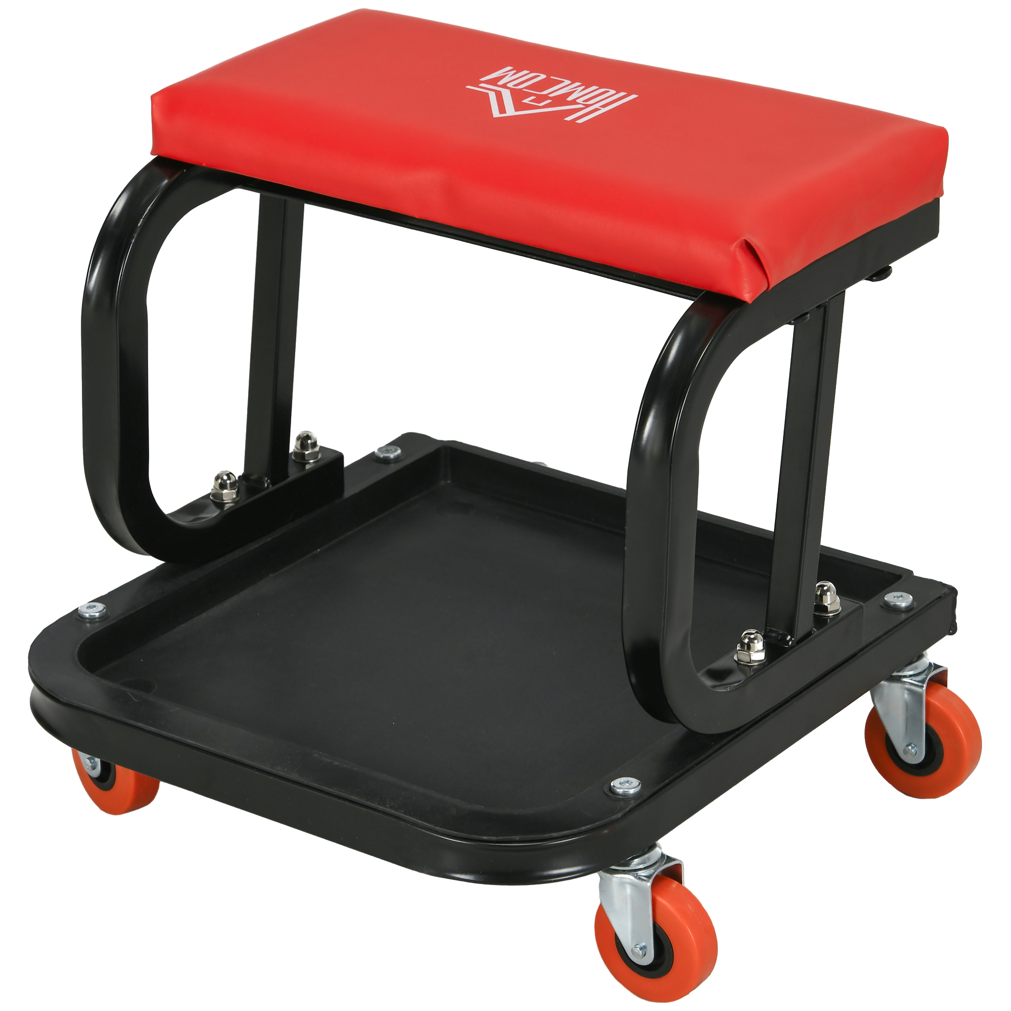 Tabouret d'atelier mobile à roulettes en acier, assise rembourrée similicuir, charge 100 kg, rouge