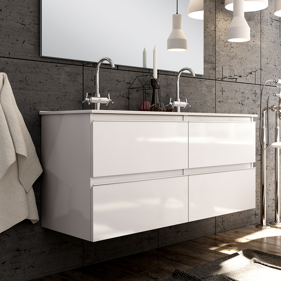 Meuble De Salle De Bain 140cm Double Vasque - 4 Tiroirs - Sans Miroir