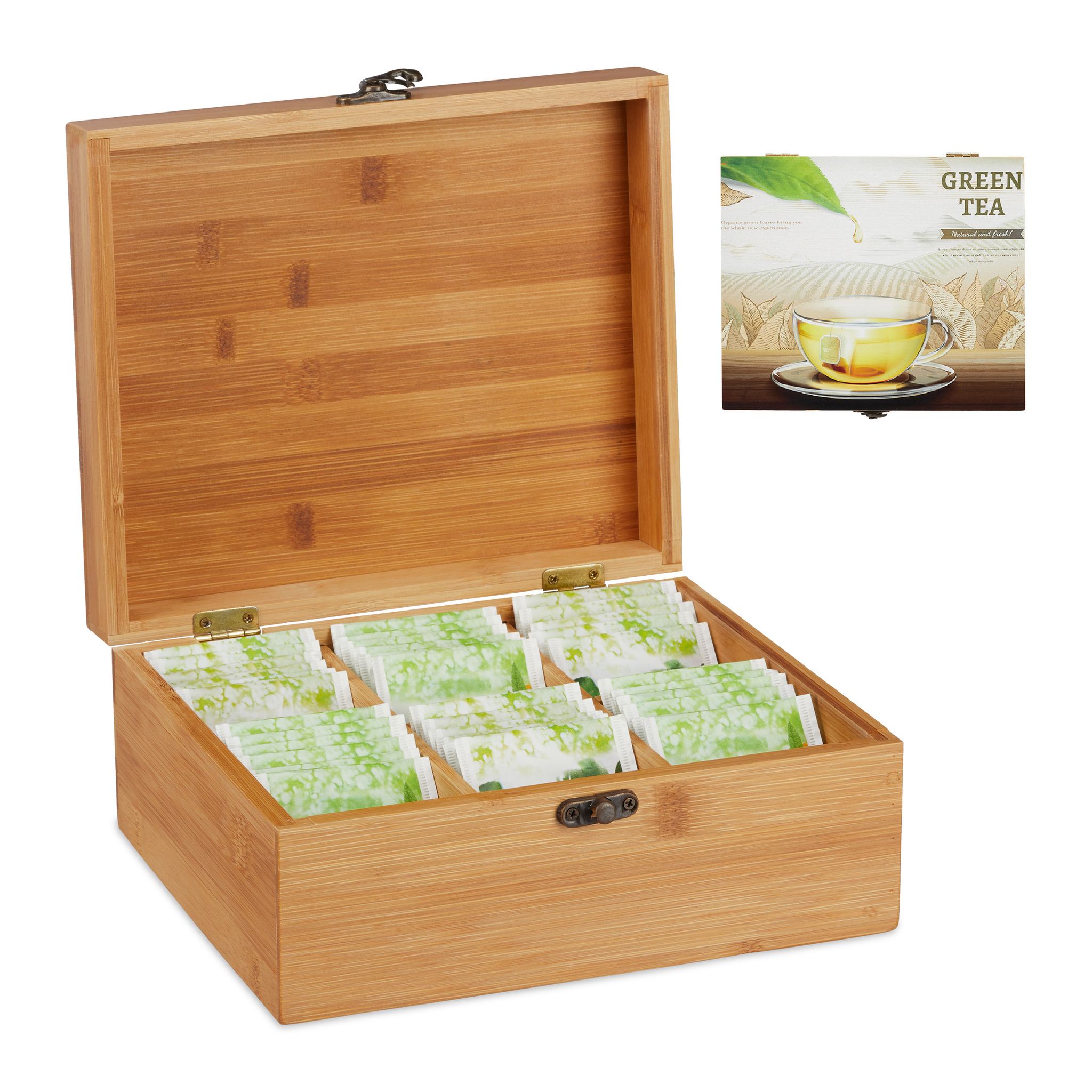 Relaxdays Braun Teebox Bambus, 6 Fächer, 72 Teebeutel, Teedose Mit Klappdeckel, Aromaschutz, Hxbxt 9,5 X 22 X 18,5 Cm, Natur