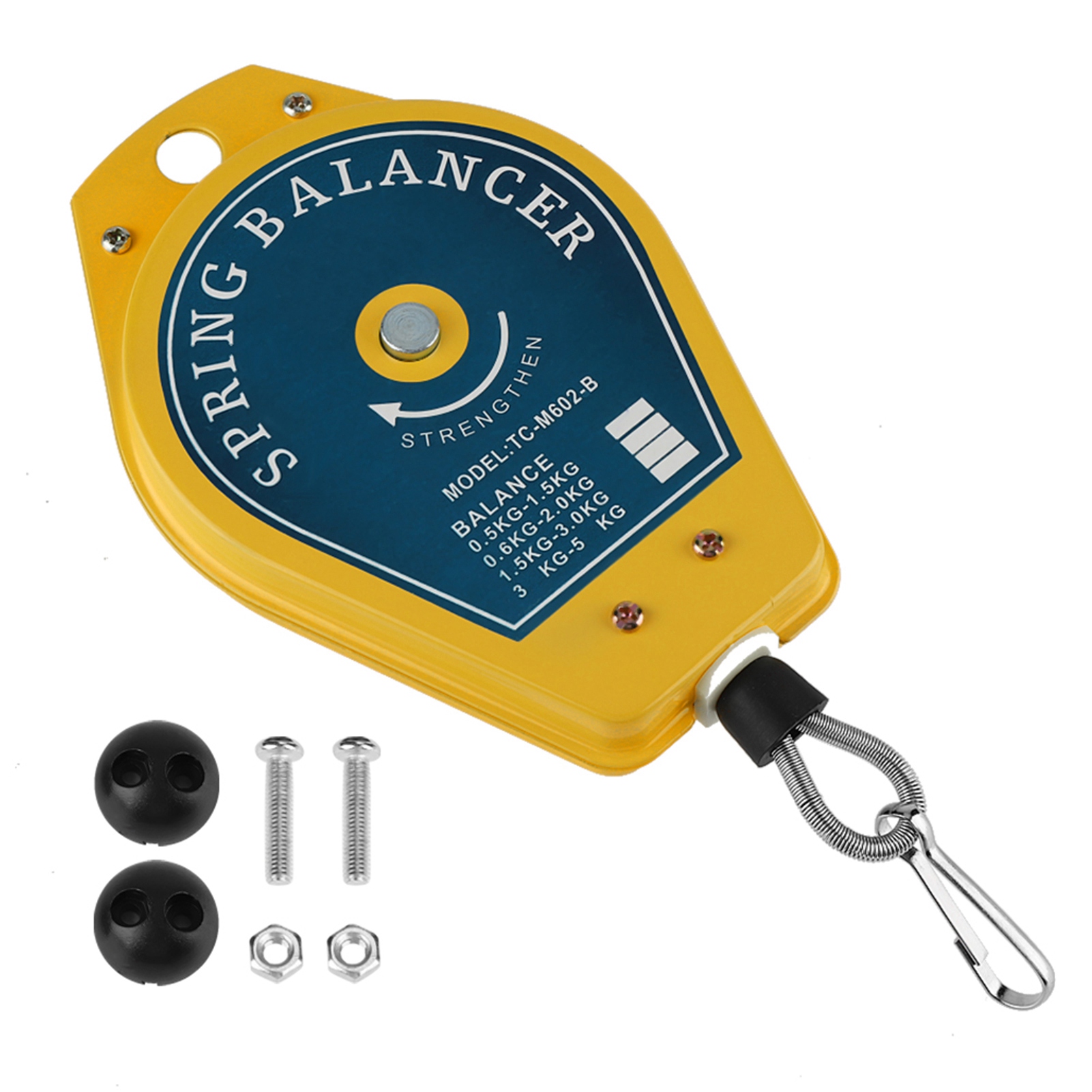 Support de suspension rétractable à ressort pour outillage, fer et plastique, charge 1,5 kg, fixations fournies