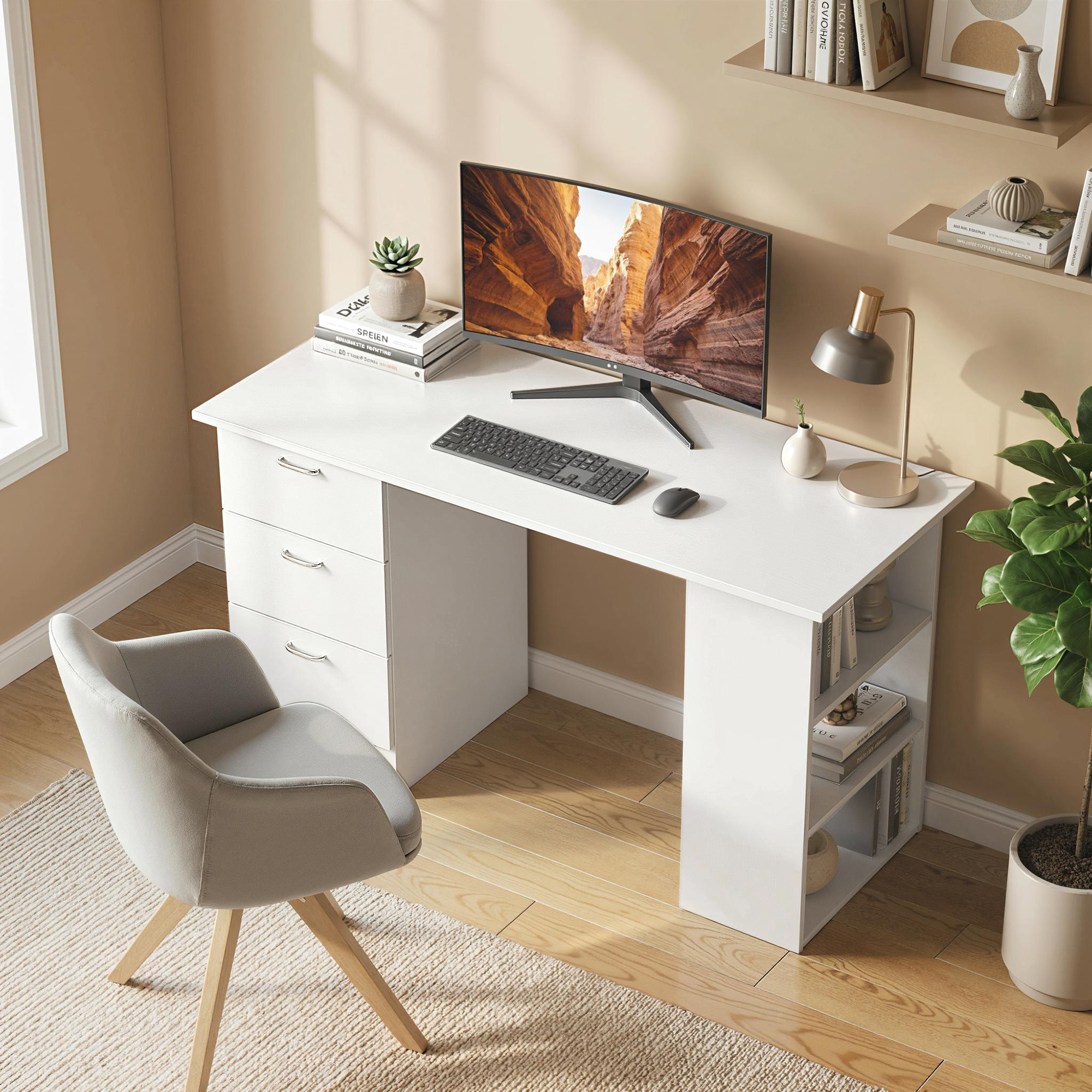 Homcom Bureau Avec Rangement. Table Informatique 120 X 50 Cm. Bureau D'Ordinateur Avec Étagères Et Tiroirs. Pour Petits Espaces. Chambre À Coucher. Blanc