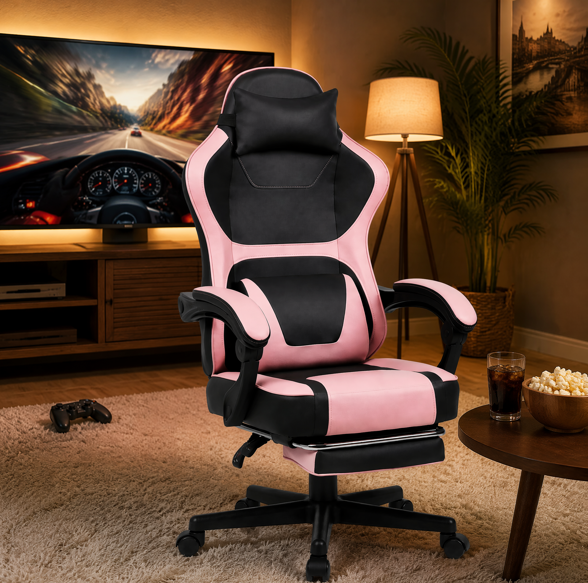 Chaise Gaming Ergonomique Rose Et Noire Avec Repose-pieds Et Coussins