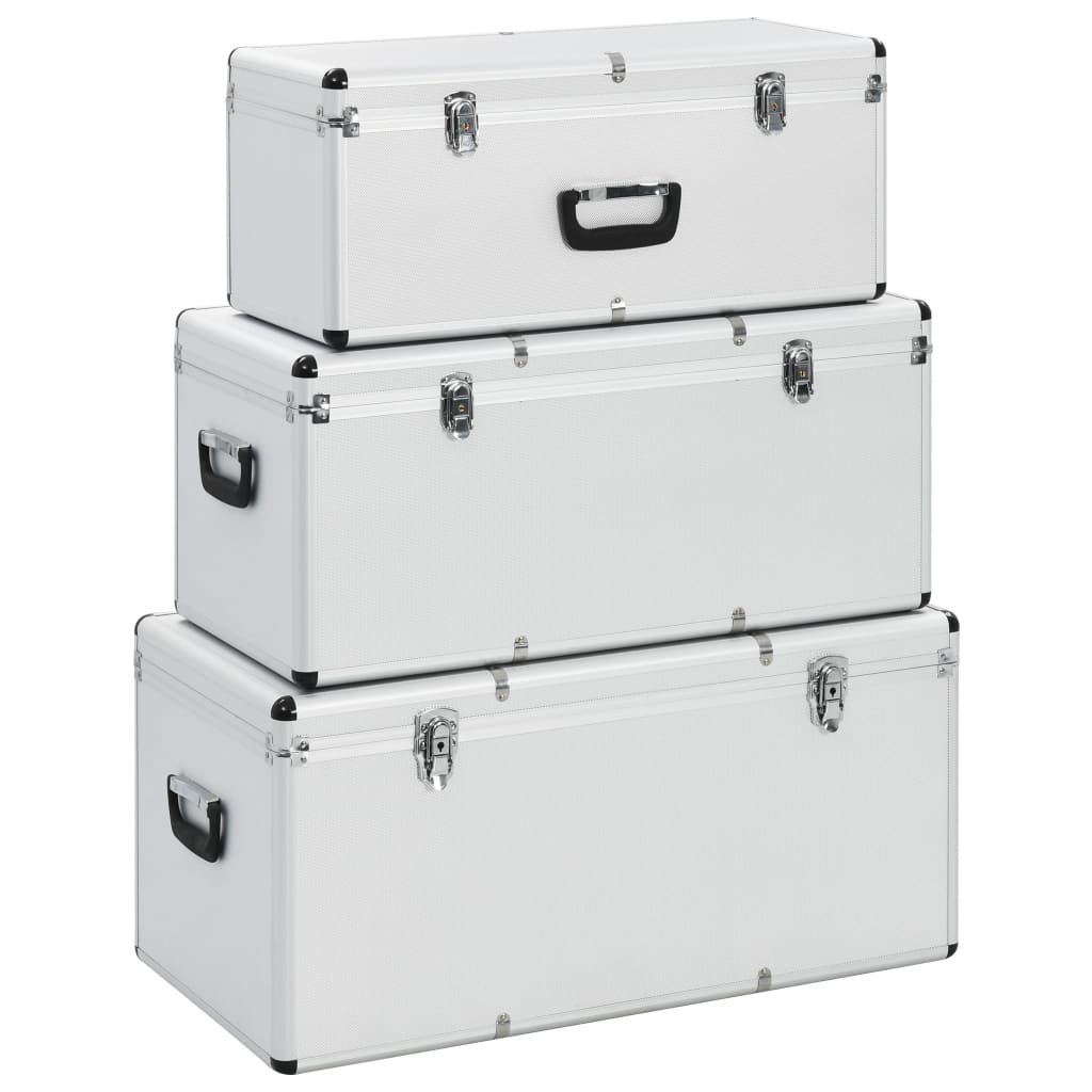 Lot de 3 boîtes de rangement et transport en aluminium, ABS et bois, argenté, tailles S à L