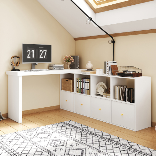 Bureau D'Angle Blanc À Plateau Pivotant 360° – Forme L Ou Droite