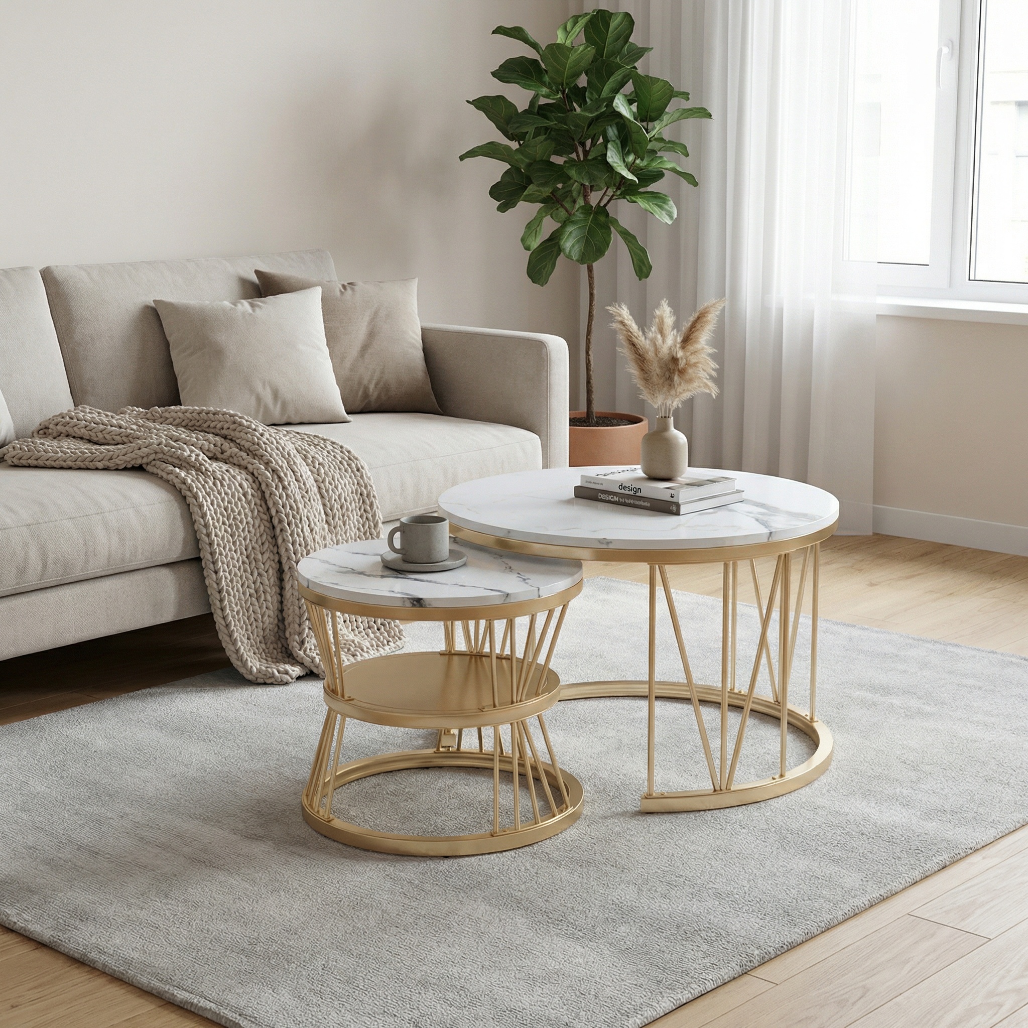 Lot De 2 Tables Basses Gigognes Rondes - Effet Marbre Blanc & Pieds