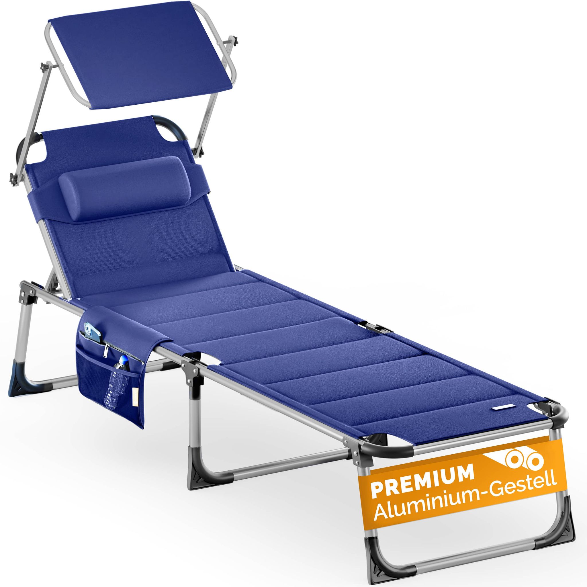 Casaria® Sonnenliege Bari Klappbar Wetterfest Sonnendach Kopfkissen Gartenliege Leicht Aluminium Liegestuhl 150kg Belastbar  Blau Meliert