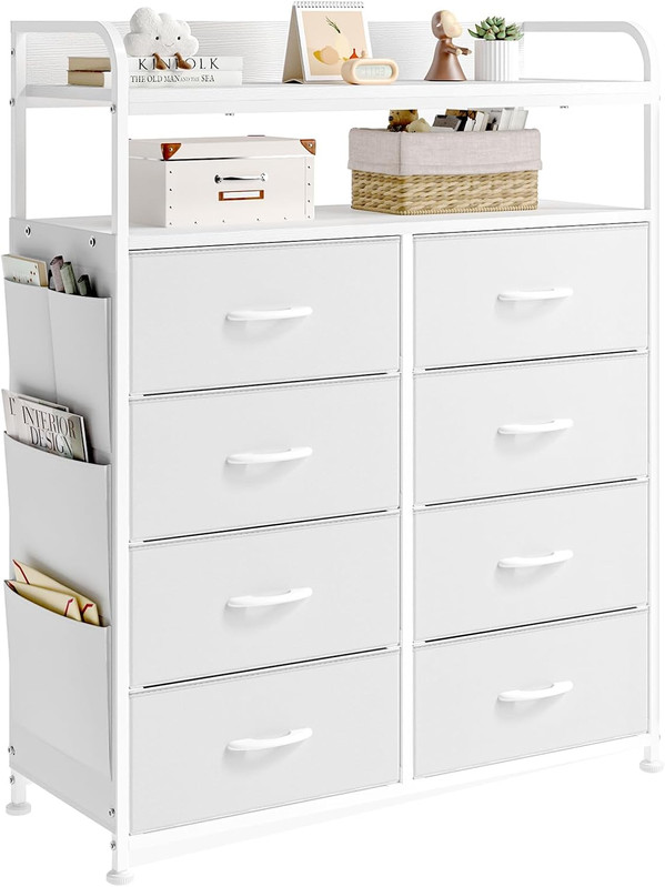 Commode 8 Tiroirs, Meuble De Rangement, Poignées Faciles, Cadre Métal Blanc