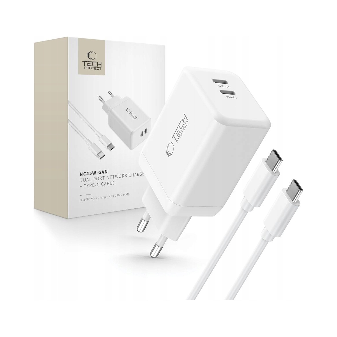 Oem Tech-Protect Nc45w-Gan 2-Port-Netzwerkladegerät Pd45w + Typ-C-Kabel Weiß