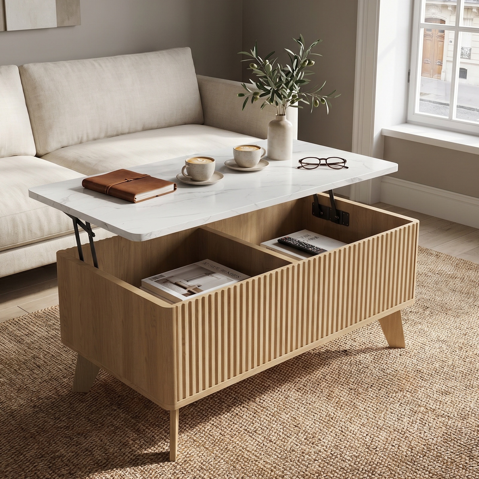 Table Basse Relevable, Table De Salon 105x53x42 Cm