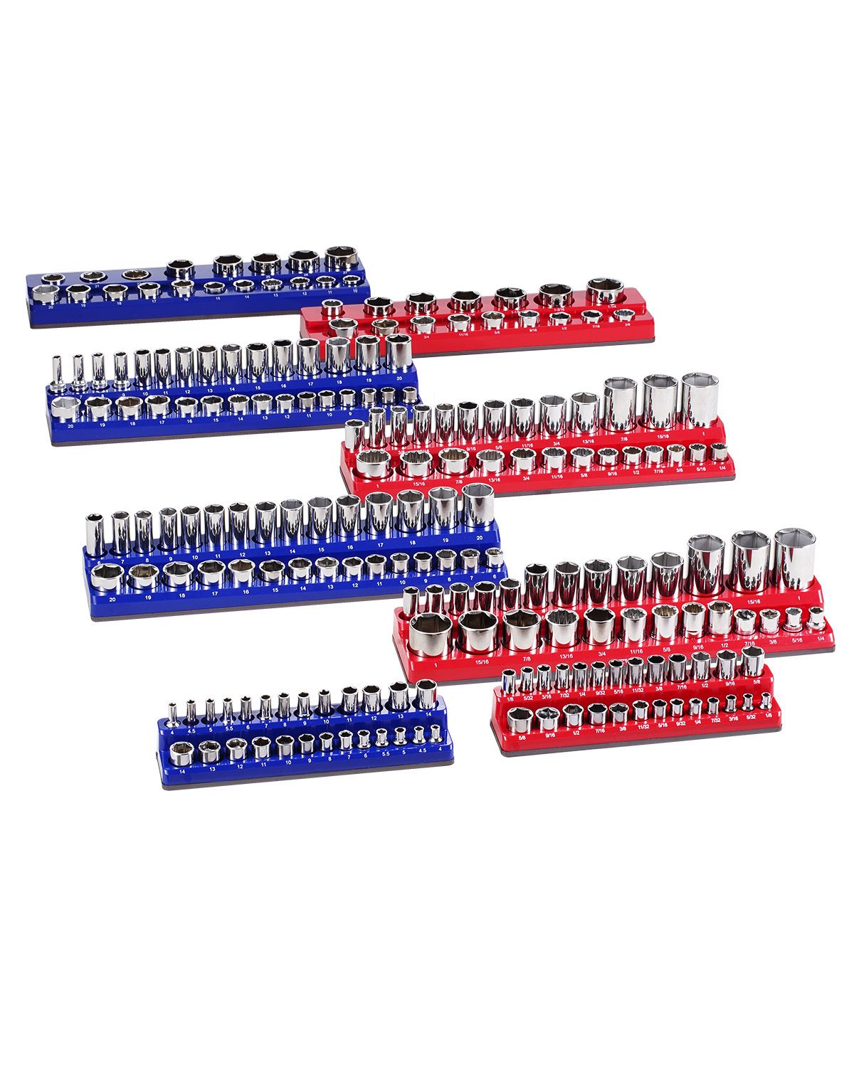 Support magnétique pour douilles 1/4'', 3/8'' et 1/2'', 8 pièces, capacité 199 douilles, repérage bleu et rouge