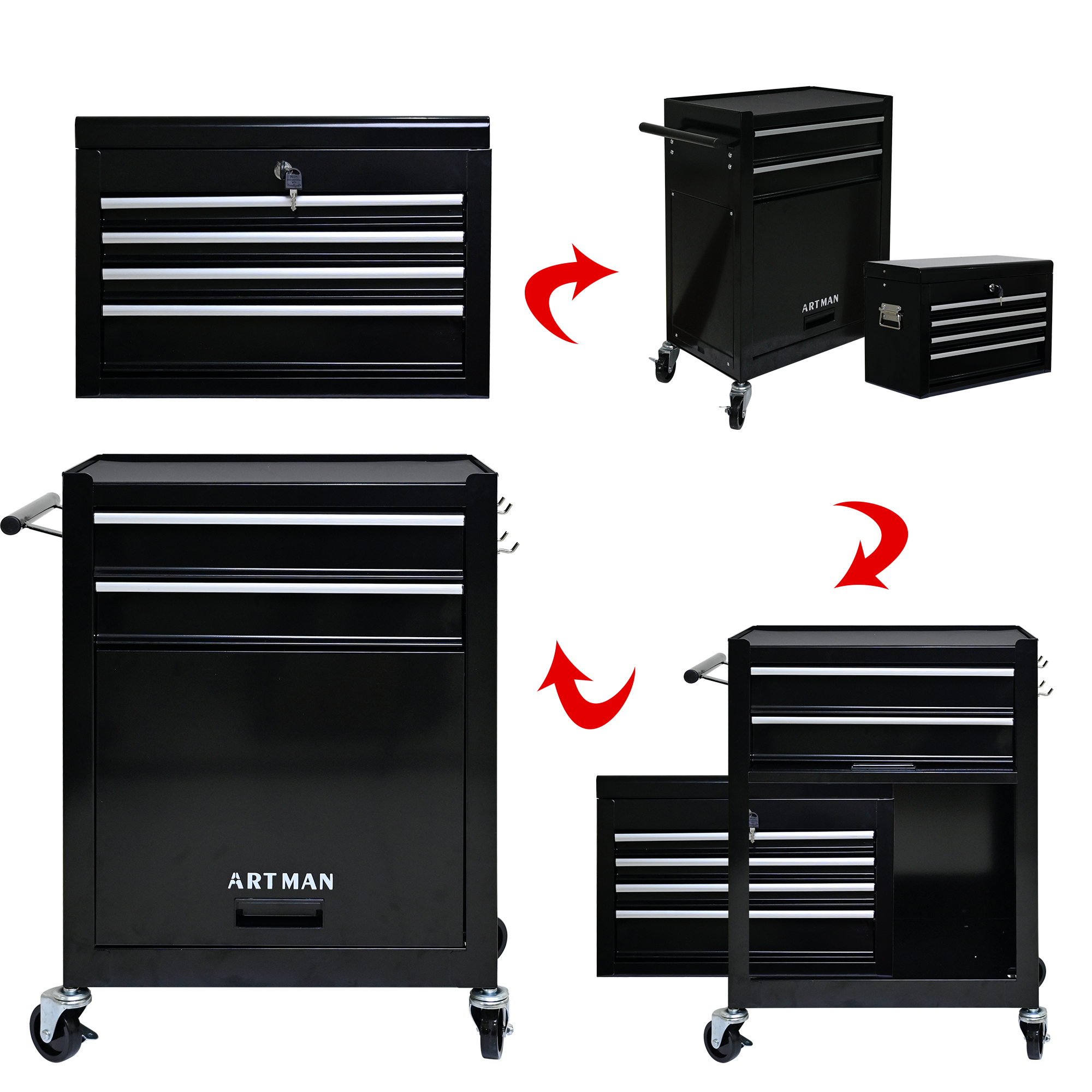 Coffre à outils roulant acier 6 tiroirs, roues avec freins, noir