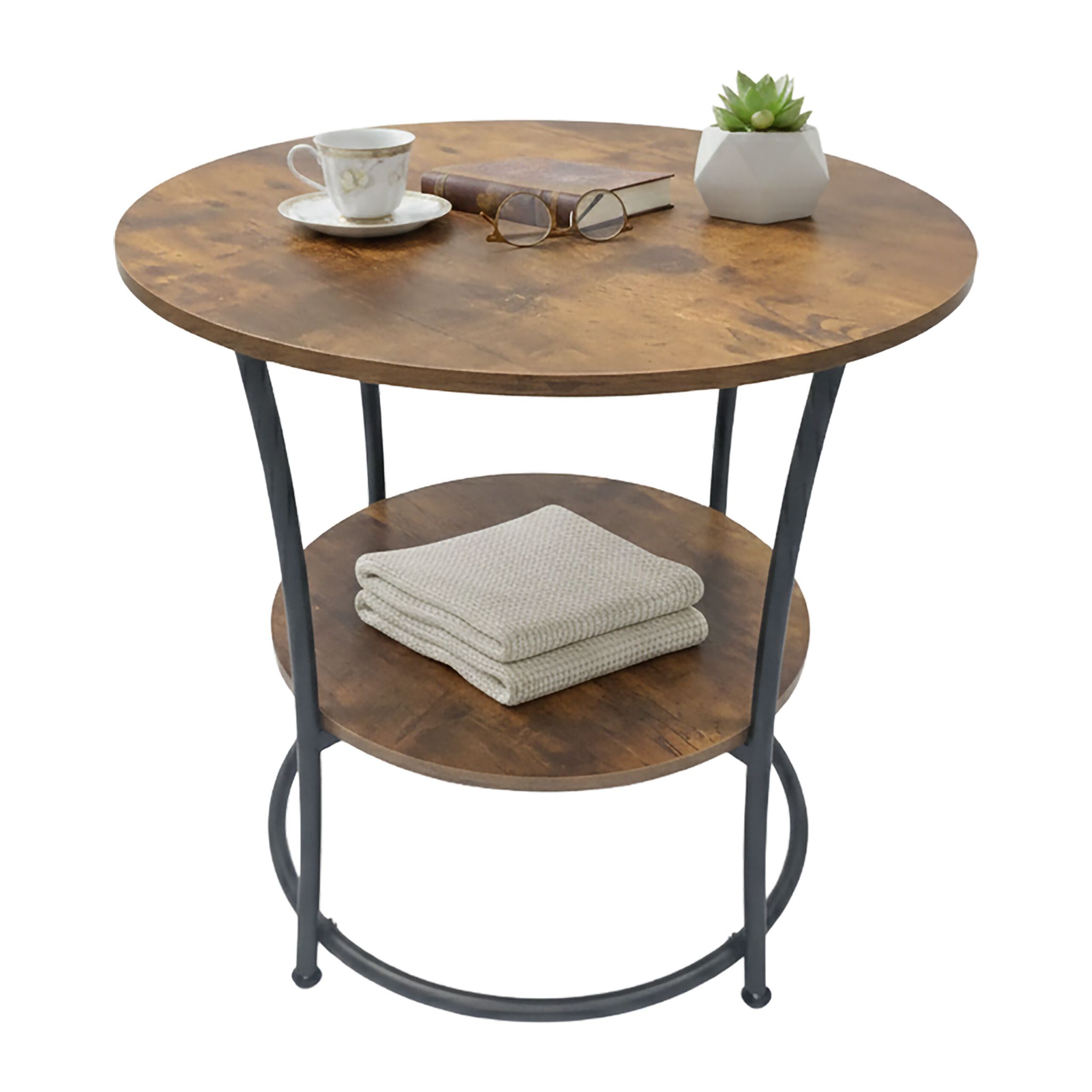 Relaxdays Side Table, 2 Shelves, Hxd, 55x55 Cm, Wood-effect & Metal, Round, Dark Brown/black