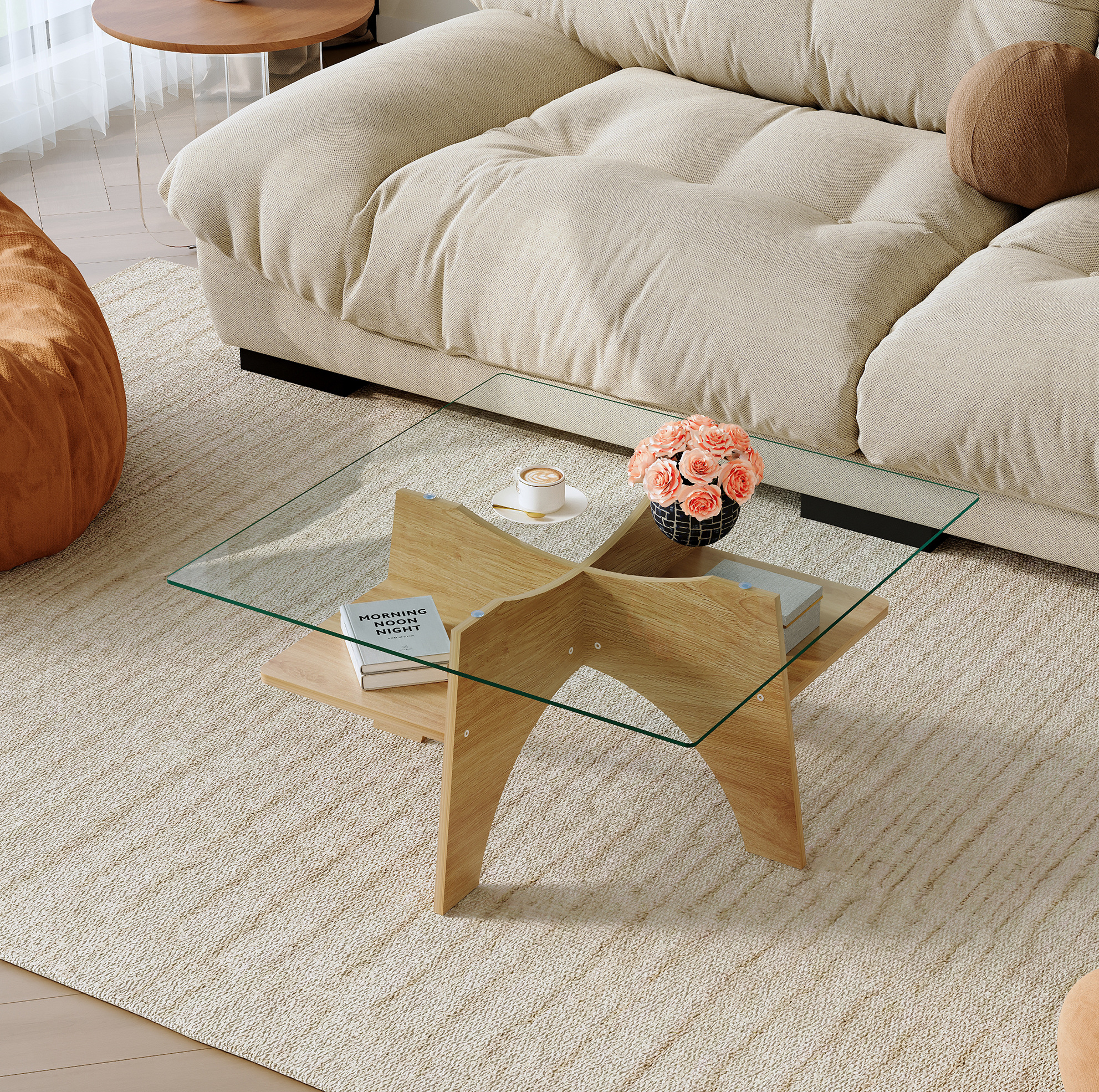Table Basse Carrée 80 Cm Verre Et Mdf Bois Clair Okmyhome