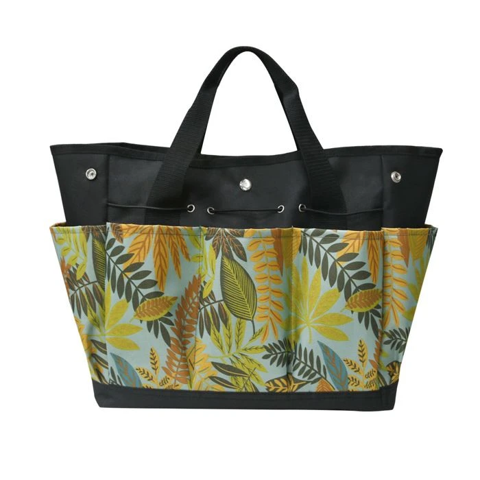 Sac à outils de jardin en tissu Oxford avec multiples poches et motif de feuilles, vert