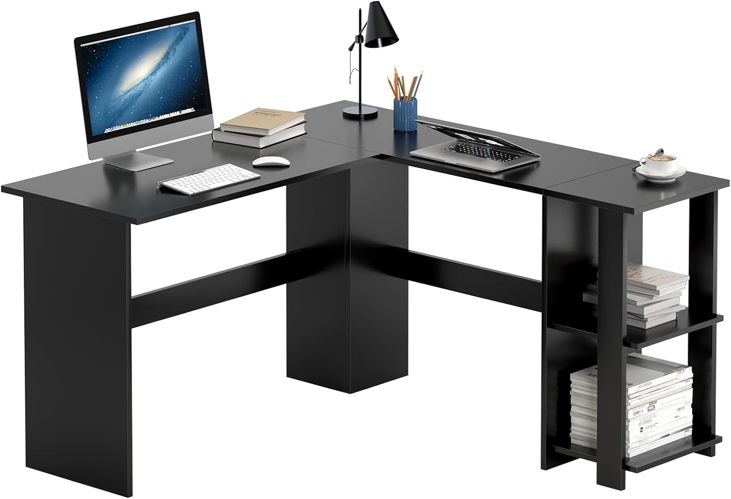 Soges - Bureau D'Angle Noir En Forme De L Avec Étagère Pour Étudier