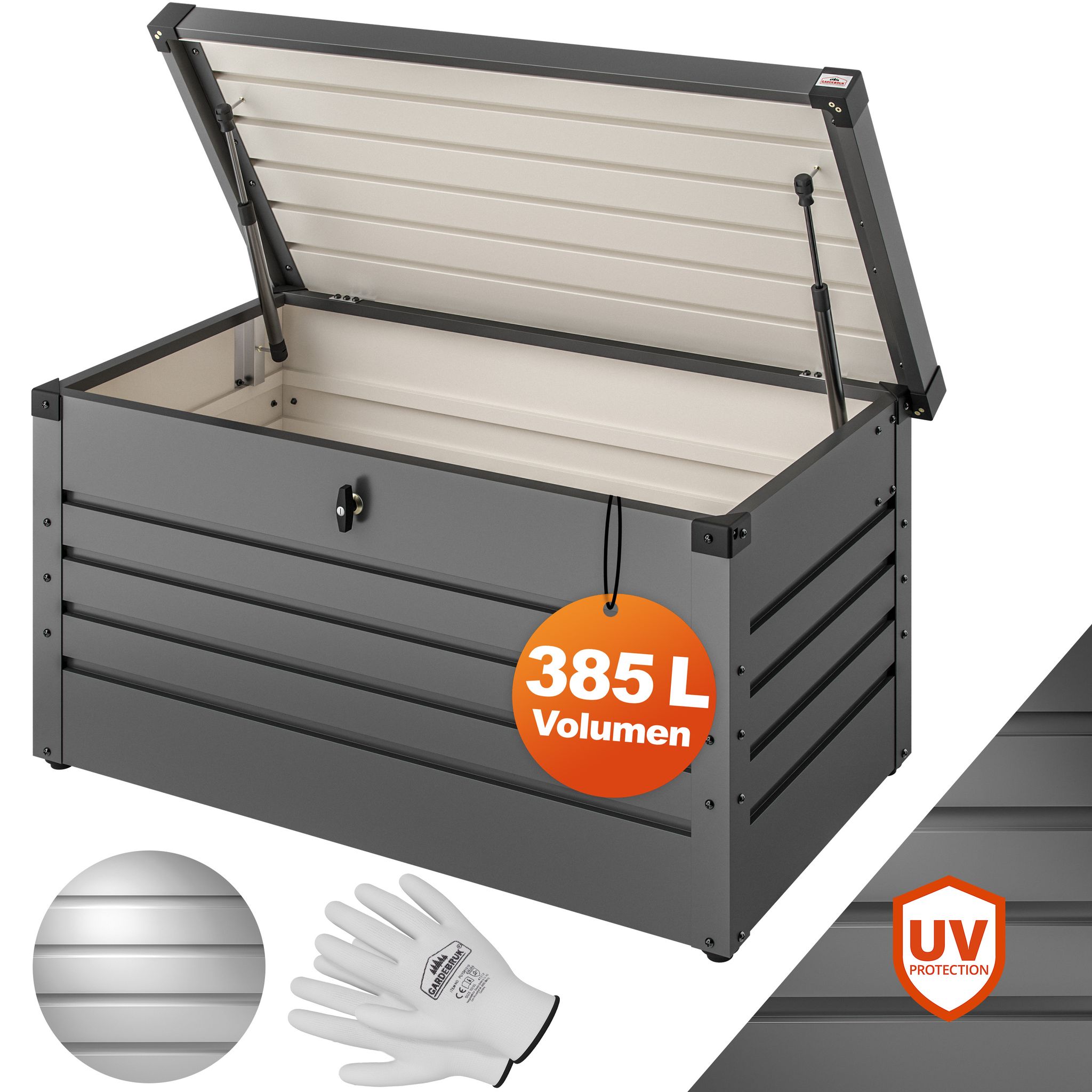Gardebruk® Auflagenbox 385l Volumen Metall Abschließbar Gasdruckfeder 120x62cm Wetterfest Garten Balkon Keller Gartenbox Gartentruhe Anthrazit