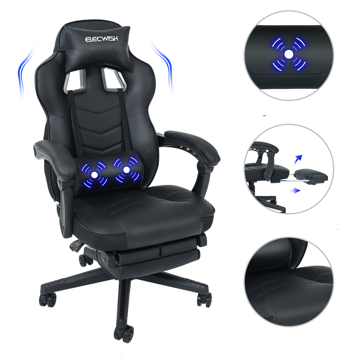 Puluomis - Chaise Gaming Ergonomique À Haut Dossier, Fauteuil Gamer En Pu, Siège Avec Fonction De Massage, Dossier Réglable À 150°, Repose-pieds, Soutien Lombaire, 150kg, Bureau, Chambre, Maison - Noir