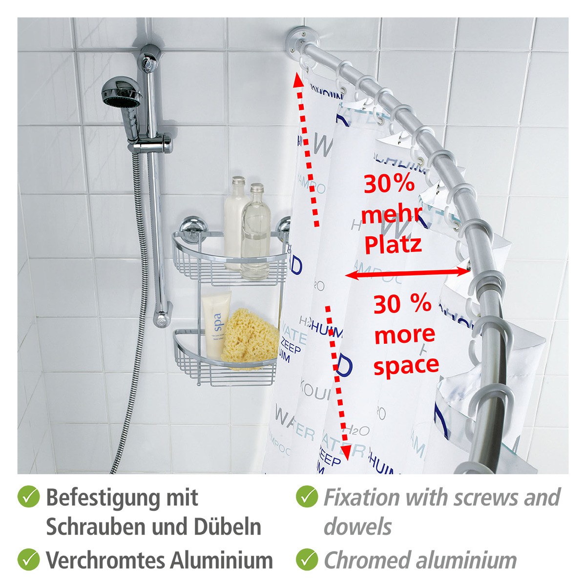 Wenko Versilbert Teleskop-Badewannenstange Bogenförmig Chrom, 110 - 200 Cm, Silber Glänzend, Aluminium Chrom Kunststoff Weiß - Silber Glänzend