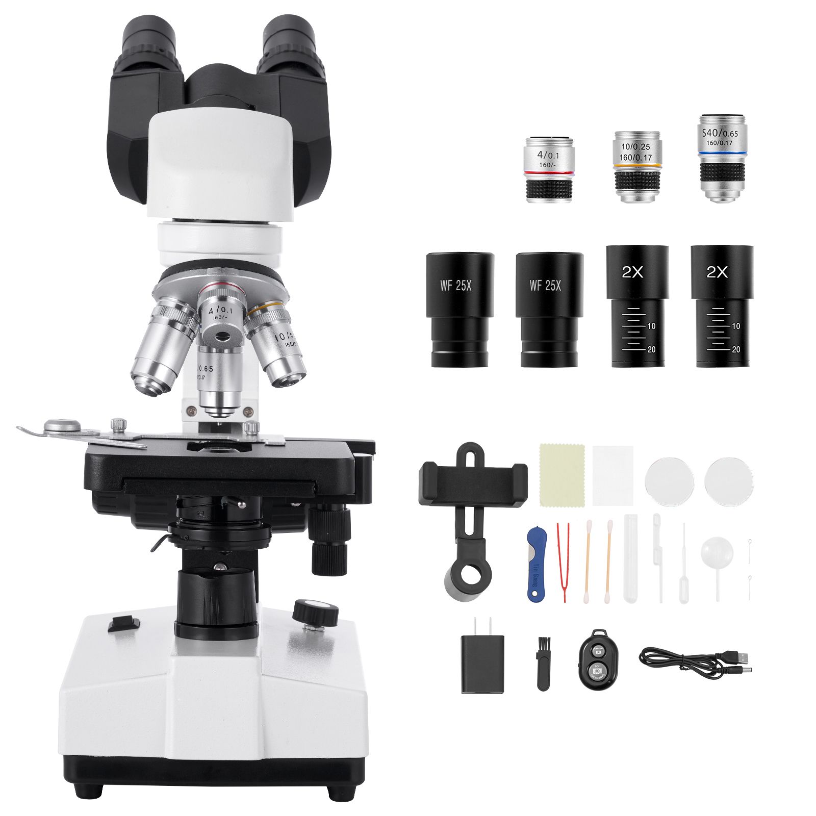 Microscope binoculaire professionnel pour adultes, grossissement 40-5000x, corps en alliage d'aluminium, éclairage LED, support téléphone inclus