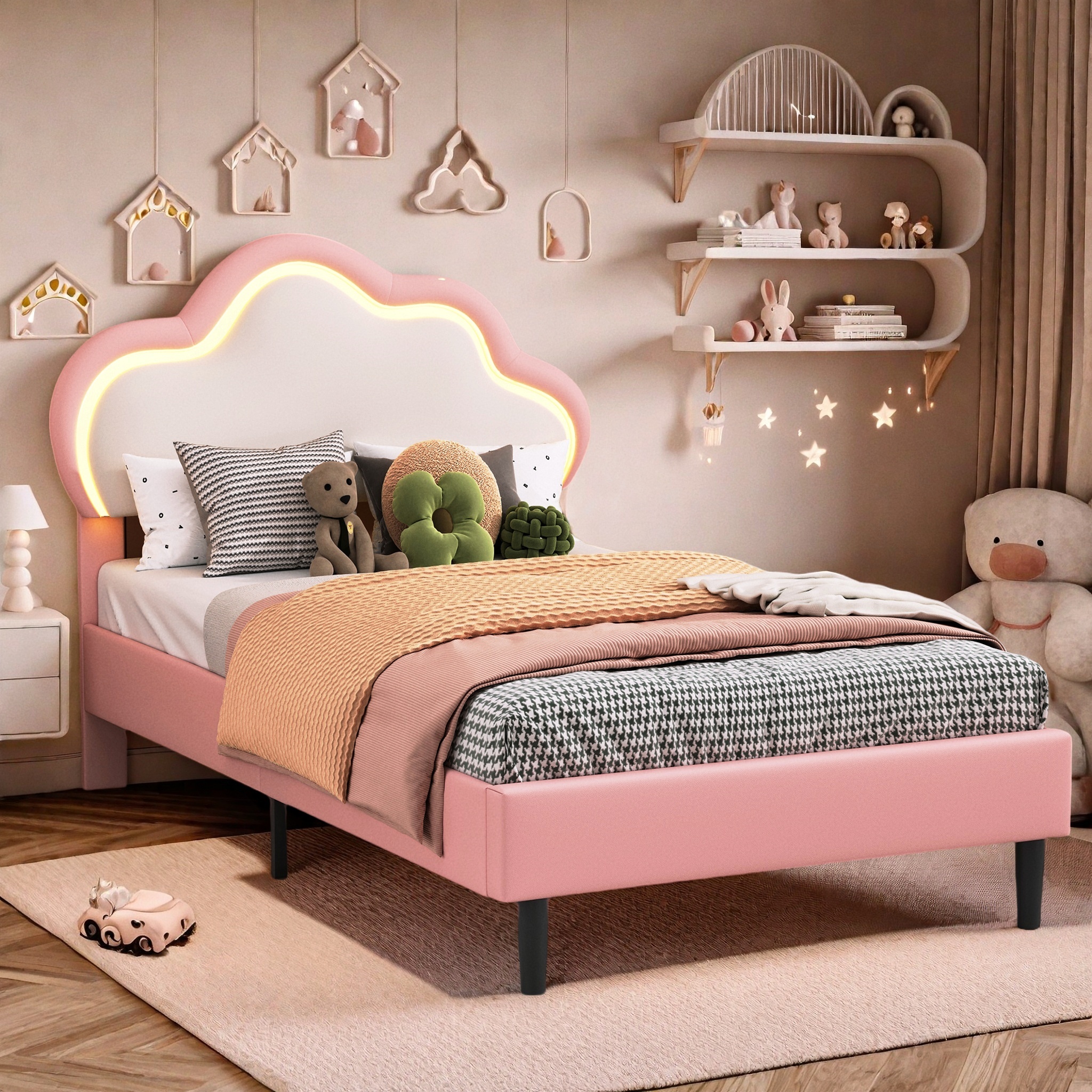 Tanant – Lit Simple 90x200 Cm – Tête De Lit Nuage Avec Éclairage Led