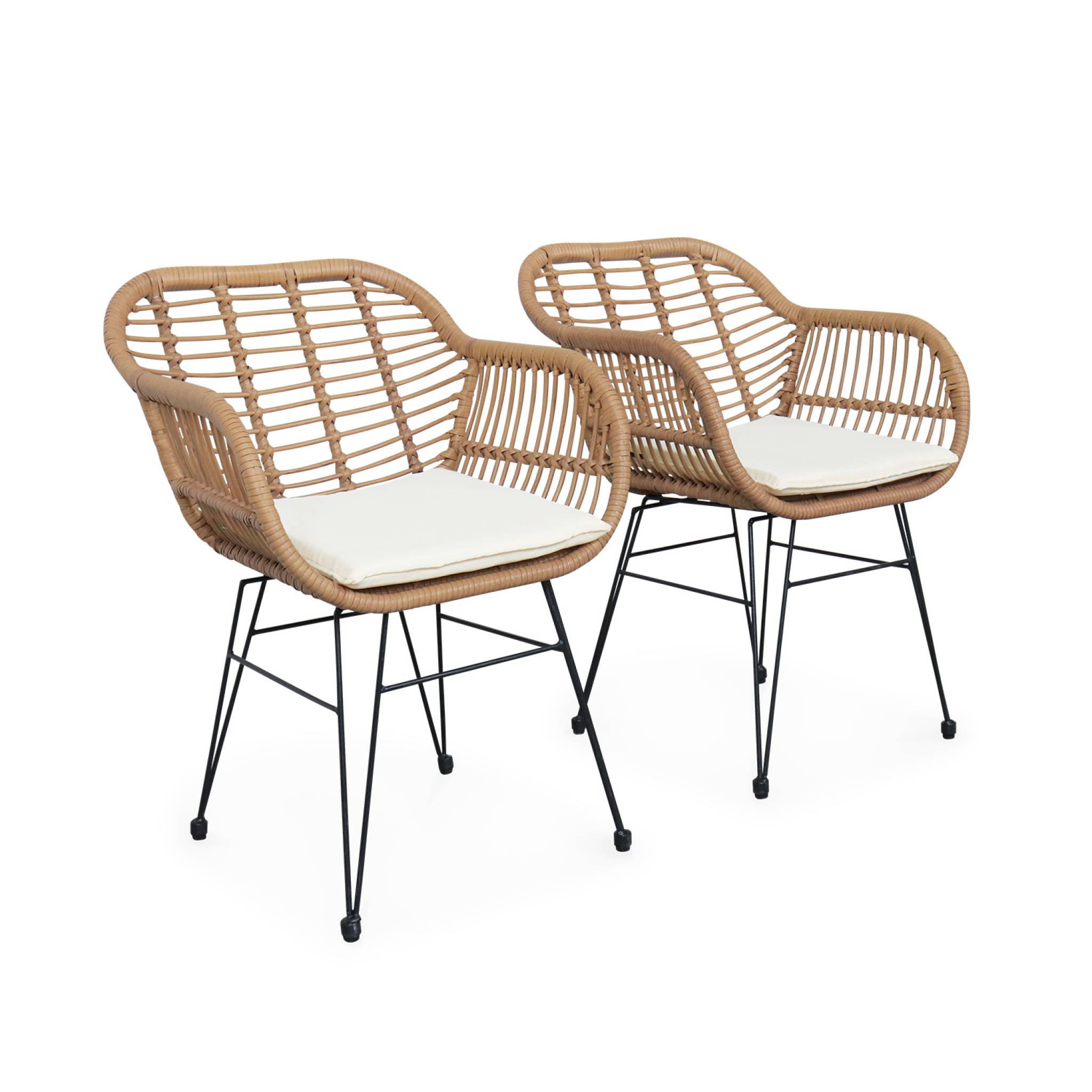 Lot De Deux Fauteuils Effet Rotin - Résine Et Métal Noir. Style