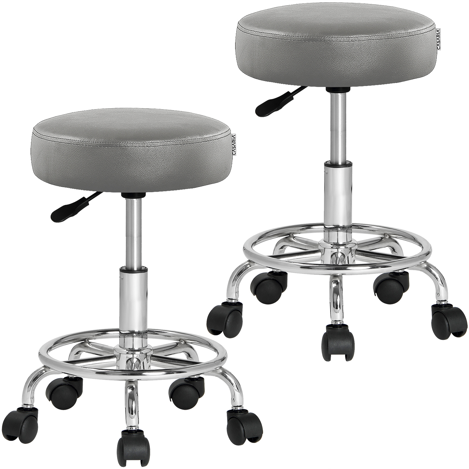 Rollhocker Höhenverstellbar 10cm Polsterung 51-65cm Sitzhöhe 360° Drehbar Ø35cm Fußstütze Rund Büro Hocker Drehhocker Arbeitshocker 2er Set Grau - Casaria