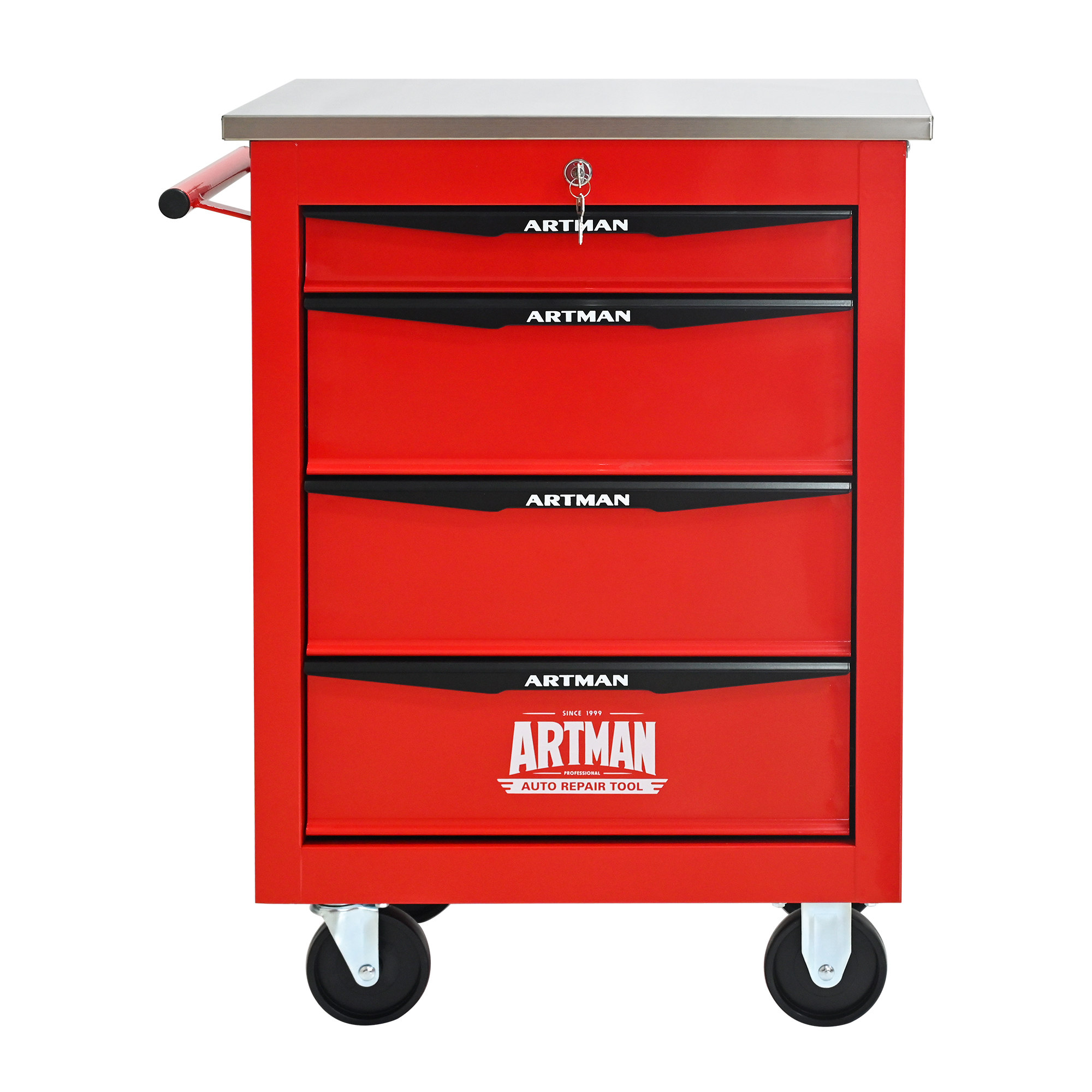 Chariot à outils 4 tiroirs en acier, plan inox et roulettes pivotantes 4", frein sur 2, verrou à clé, lot de 1