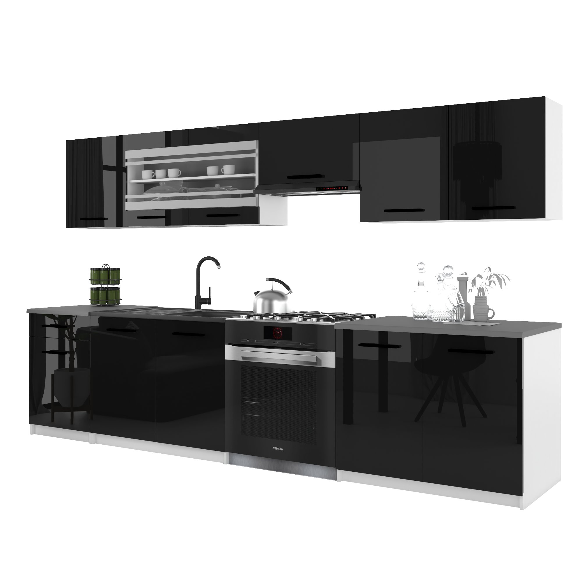 Belini Italia 4 Cuisine Equipée Modulaire Complète - 260 Cm. Meubles Hauts Bas Avec Plan De Travail, Noir Très Brillant