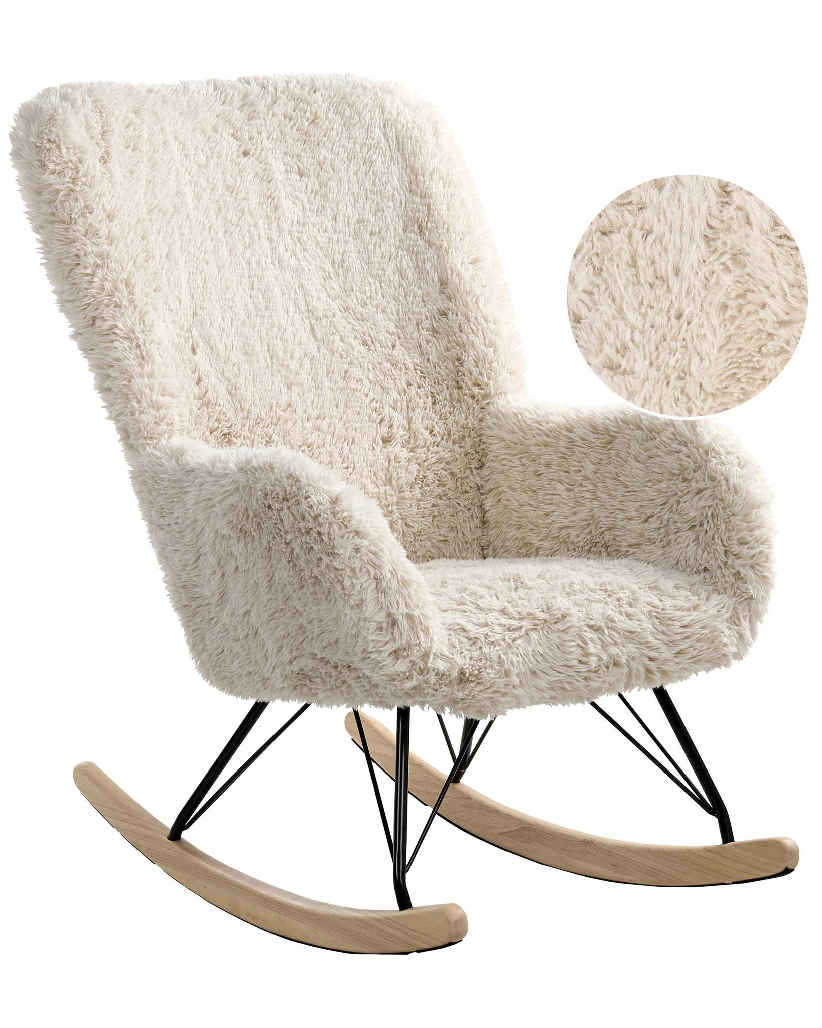 Beliani Rocking Chair Light Beige Faux Fur Fabric Upholstery Wooden Legs Skates Nursery Living Room Cottage Style Akra