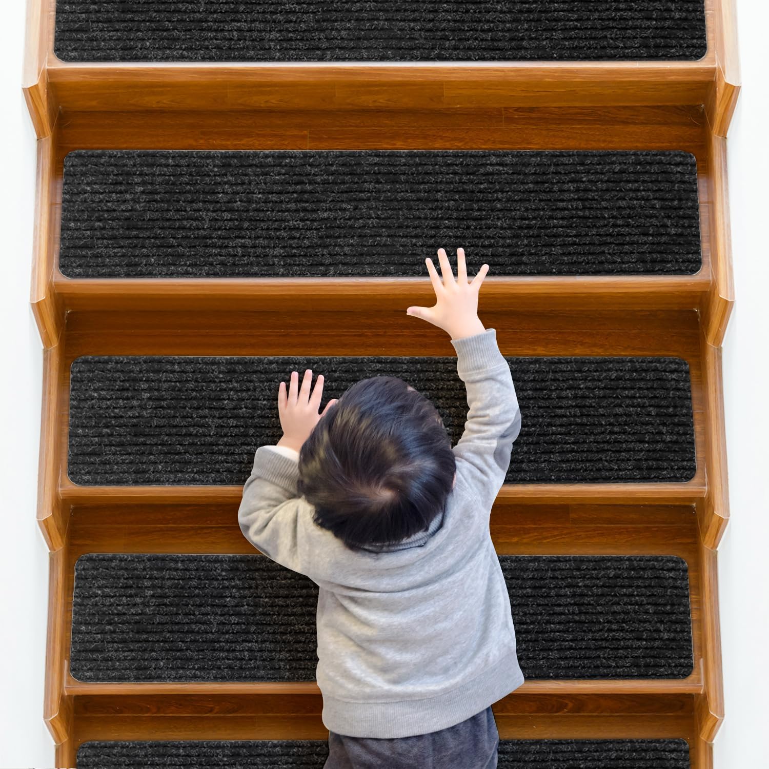 Marchettes d'escalier antidérapantes en fibre de polyester, 76 x 20 cm, noir, lot de 15
