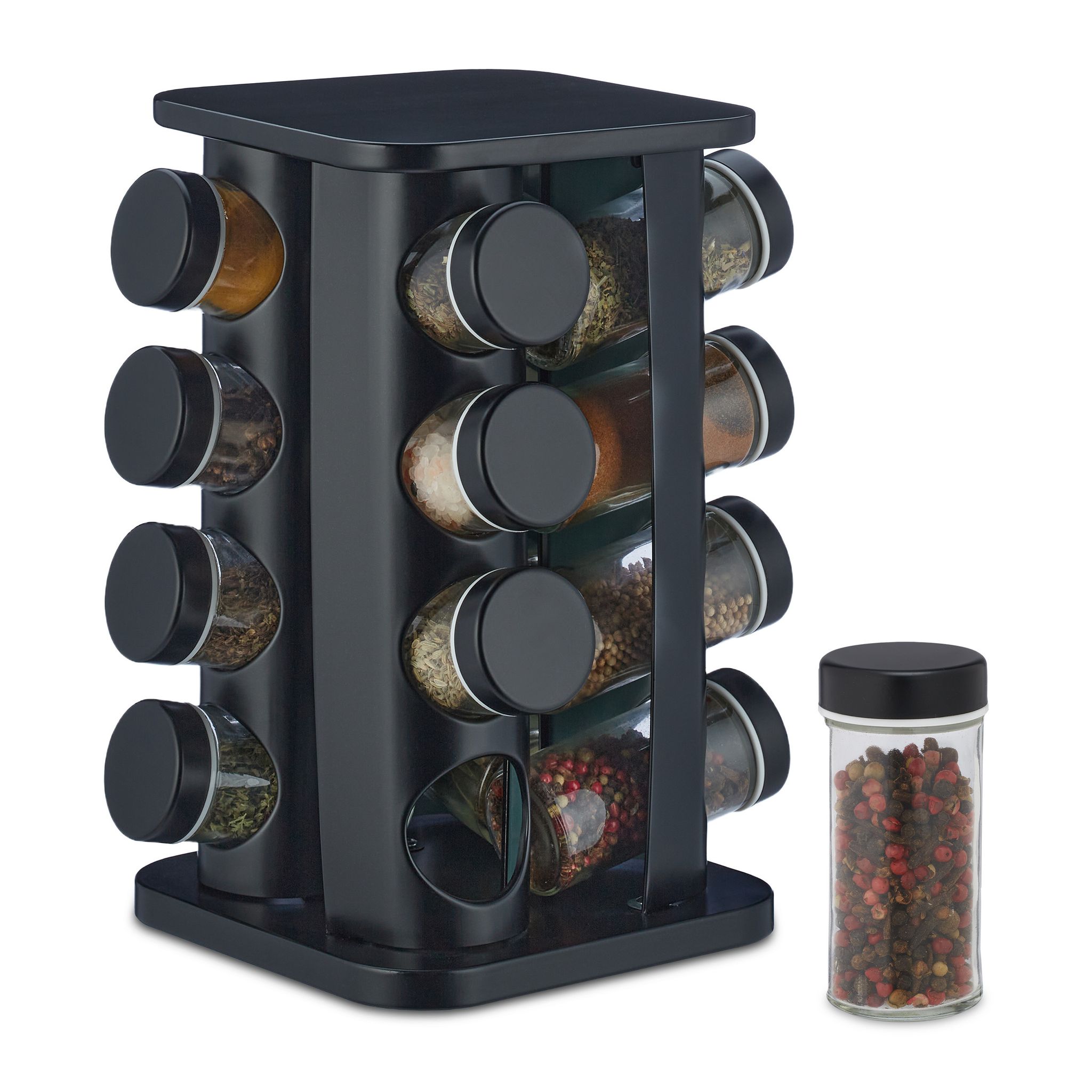 Relaxdays Portaspezie Girevole Da Cucina, 16 Barattoli, Rotante A 360°, Hlp: 27,5x20x20 Cm, Acciaio Inox E Vetro, Nero