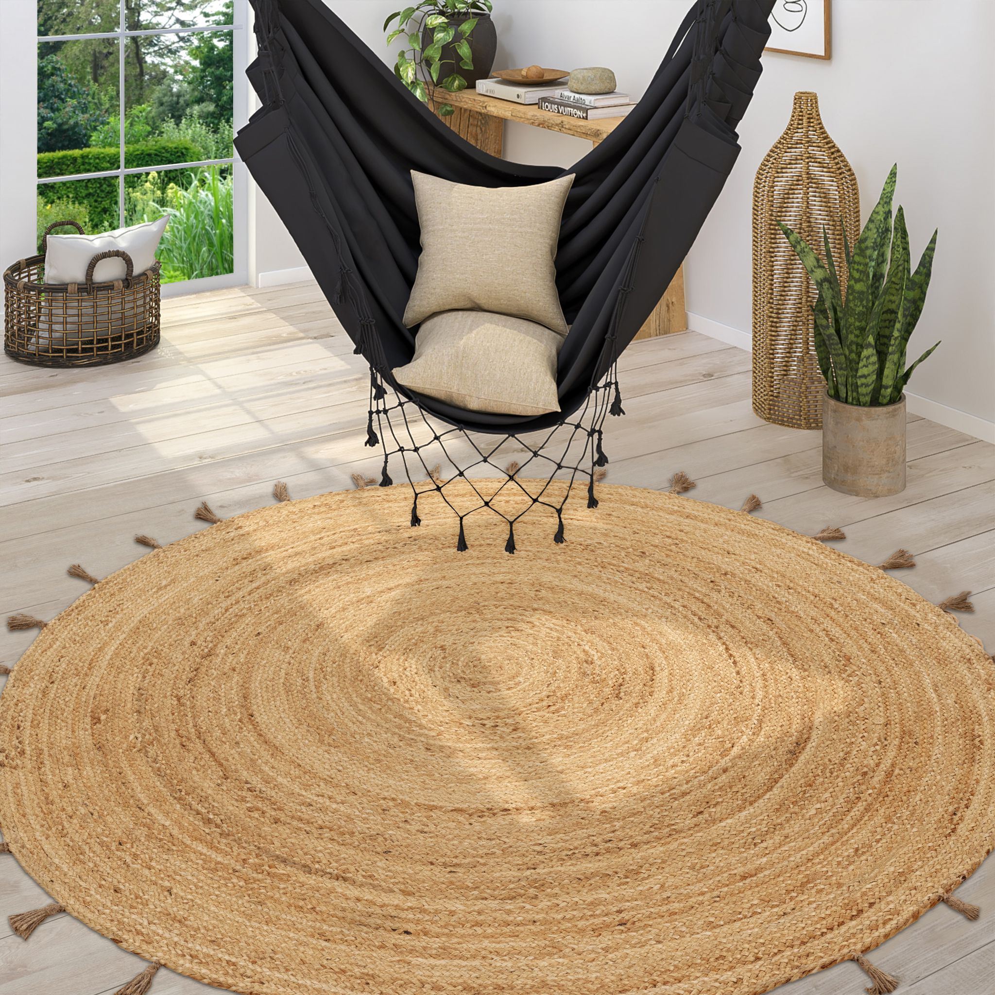 Paco Home - Tapis Rond Salon Jute Motif Ethnique Boho Moderne Fait Main