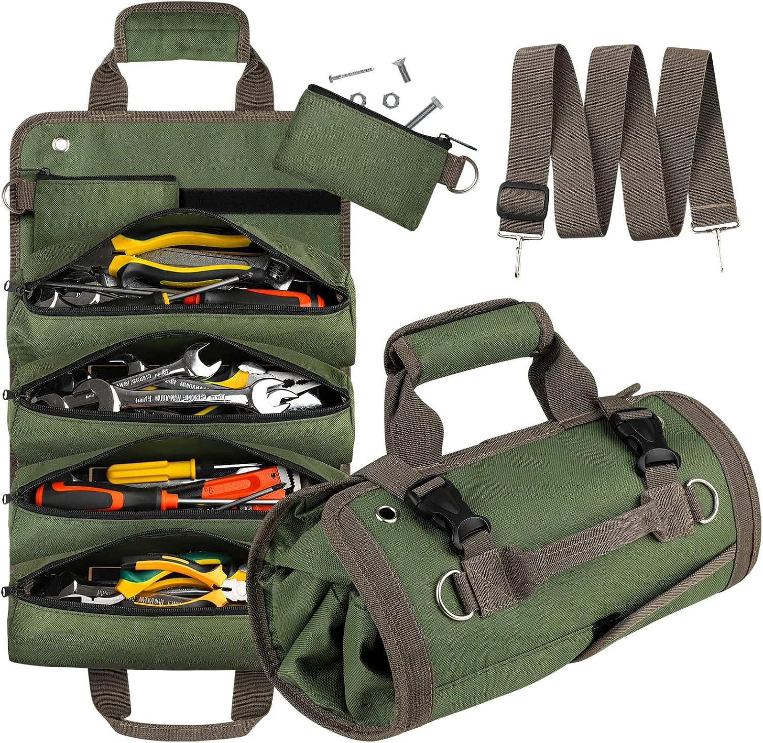 Trousse à outils enroulable en tissu Oxford, 4 compartiments et 2 pochettes amovibles, vert