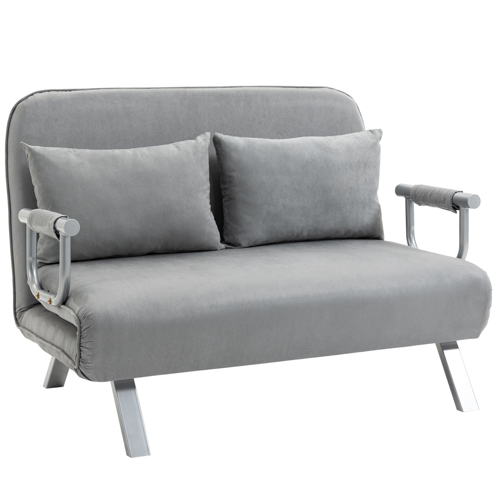 Homcom - Schlafsofa Schlafcouch Mit Verstellbarer Rückenlehne, Wurfkissen, Sofa Mit Schlaffunktion, Samtoptik, Armlehne, Gästebett, Klappsessel Für Wohnzimmer, Schlafzimmer, Hellgrau