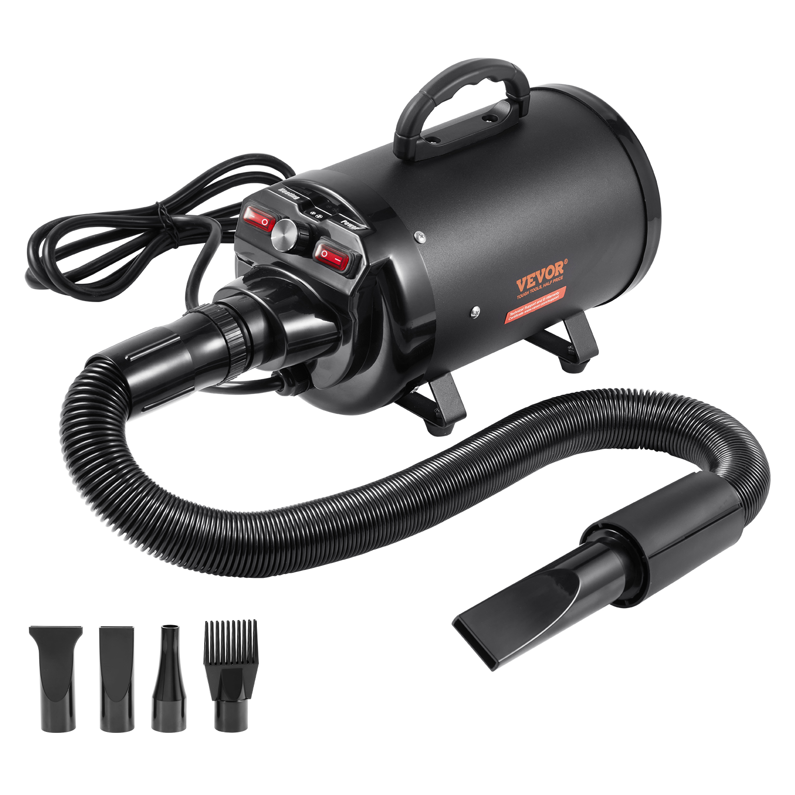 VEVOR Hondenföhn 2000W Hondenföhn 70m/s Windsnelheid Huisdierföhn Hondenverzorgingsföhn Blower met 4 mondstukken en elastische slang Temperatuurbereik 29,4-57,2°C Föhn voor huisdieren
