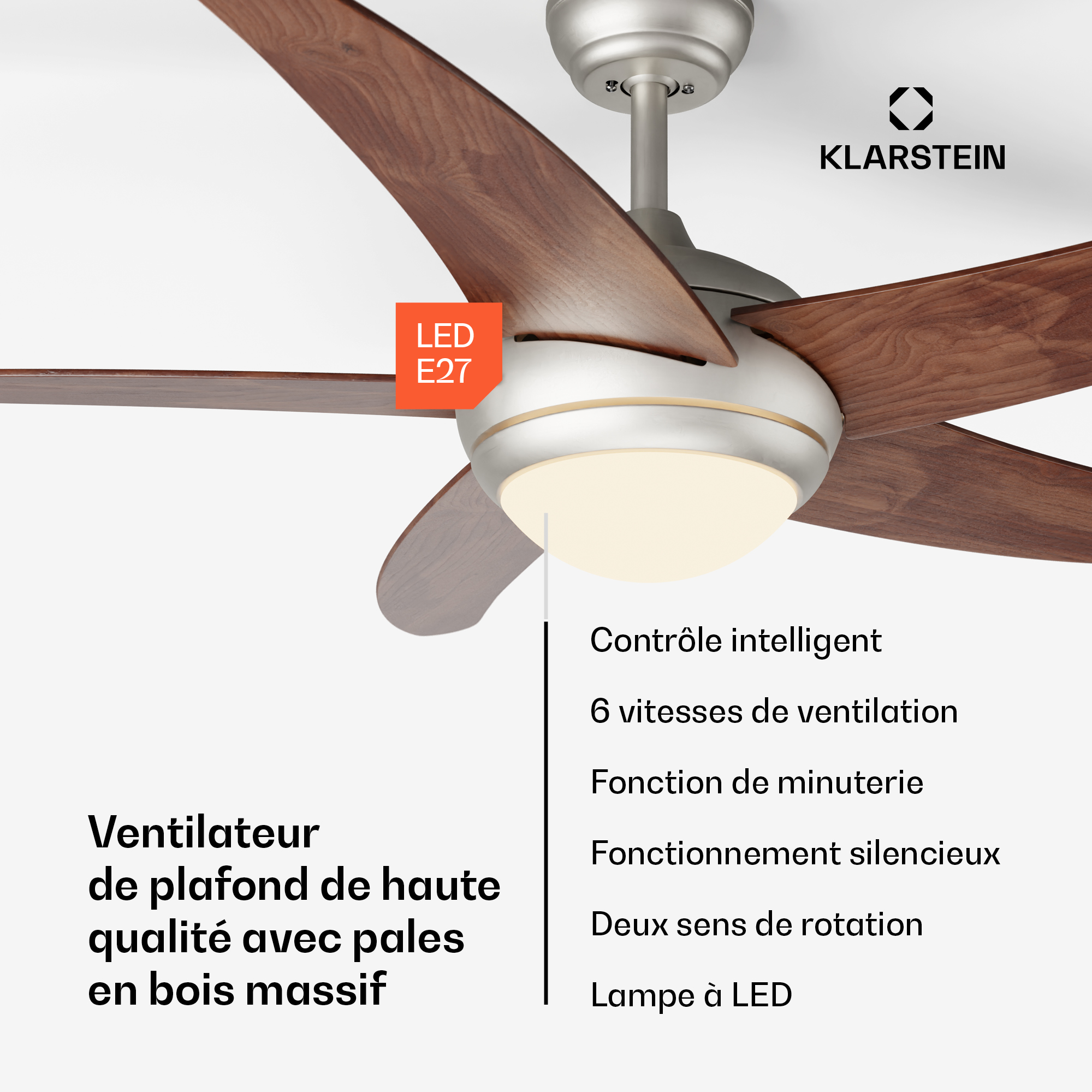 Klarstein - Smart Deckenventilator mit Beleuchtung - 132 cm Durchmesser, 6 Geschwindigkeitsstufen, Sommer- & Wintermodus, Steuerung per