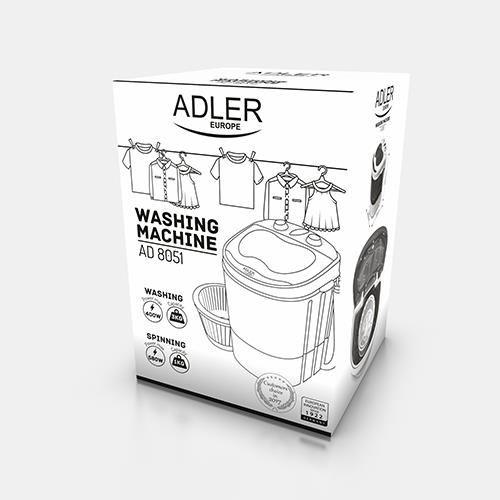 Lave-linge touristique avec fonction de rotation, capacité 3kg, 400W, faible consommation d'eau et d'énergie, dimensions compactes.
