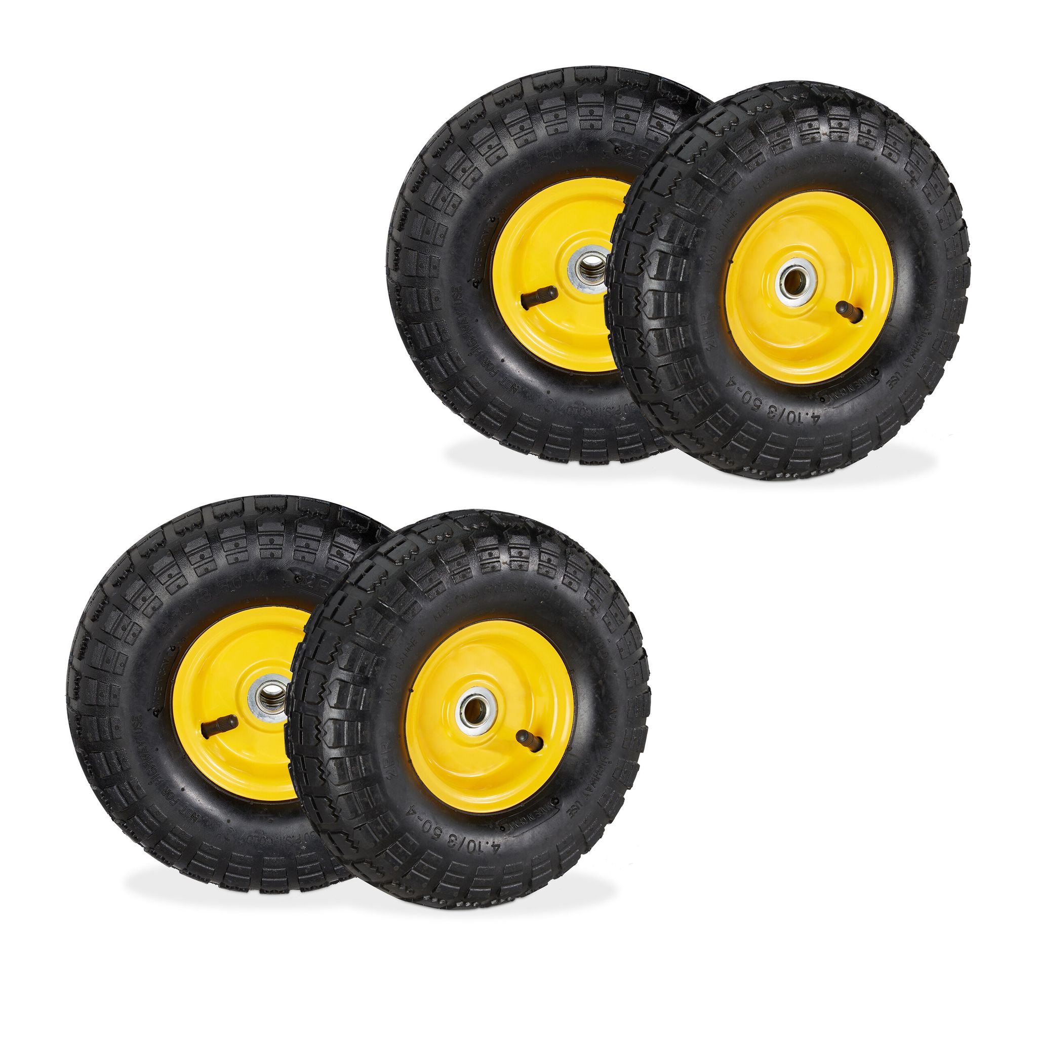 Relaxdays - Wheelbarrow Tyres, Set Of 4, 4.10/3.50-4, Pneumatic Tyre, 16mm Axle, 136kg, Steel Rim, 260x85 Mm, Black/yellow