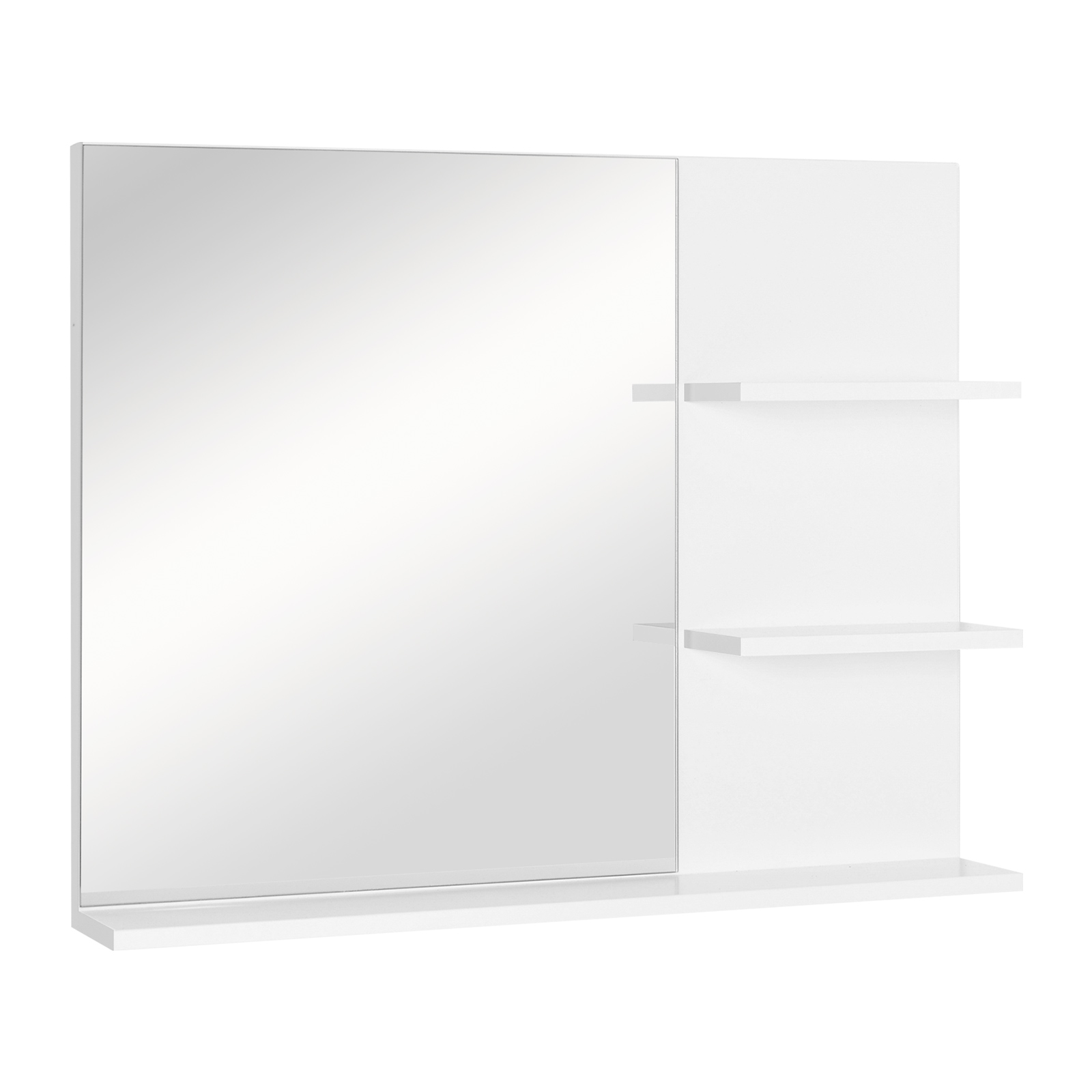 Miroir De Salle De Bain Avec Étagères - 2 Étagères Latérales + Grande Étagère Inférieure - Kit Installation Fourni - Mdf Blanc