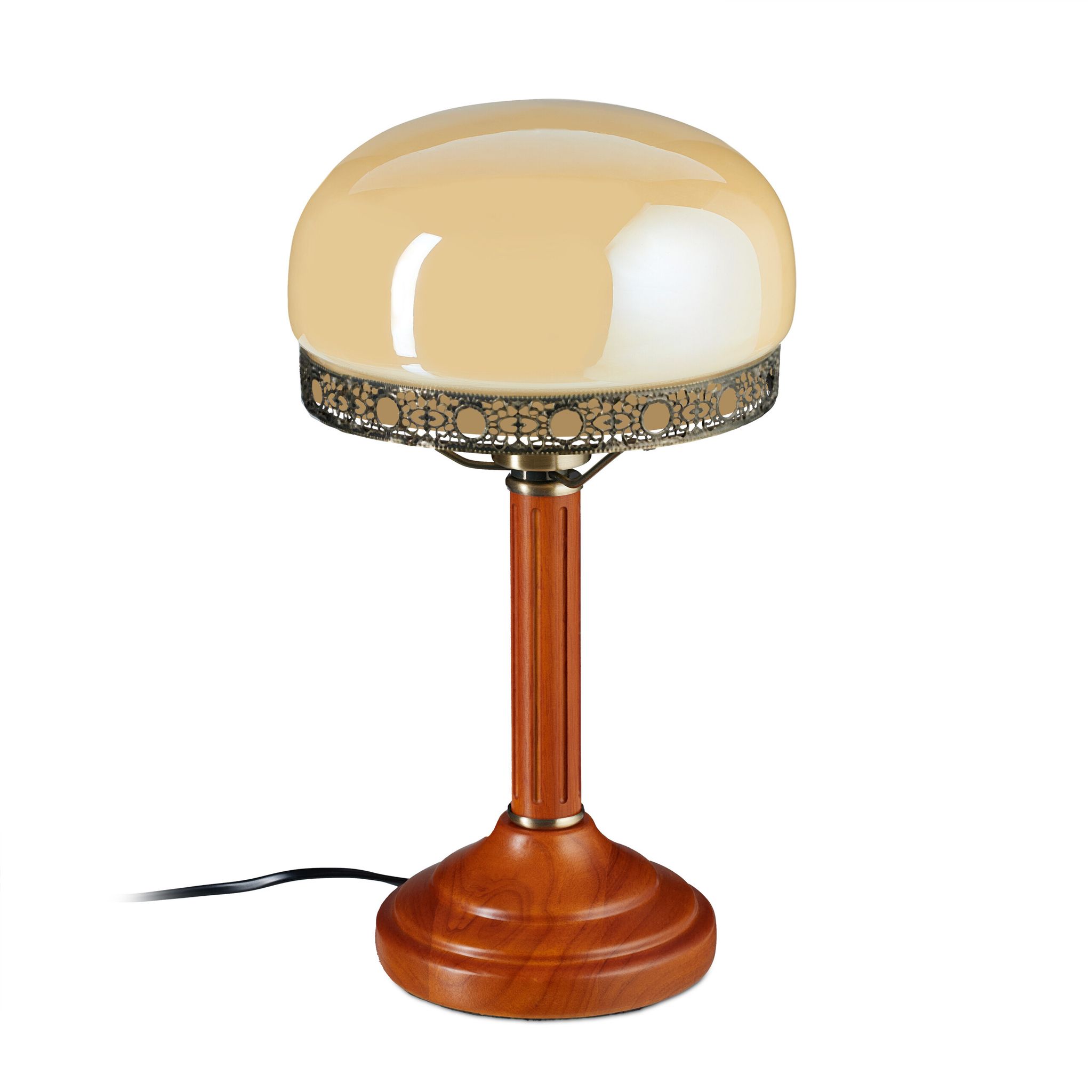 Lampada Antica Dall'aspetto Vintage, Abat-jour Con Paralume In Vetro E Base In Legno, Beige E Aspetto Ottone - Relaxdays