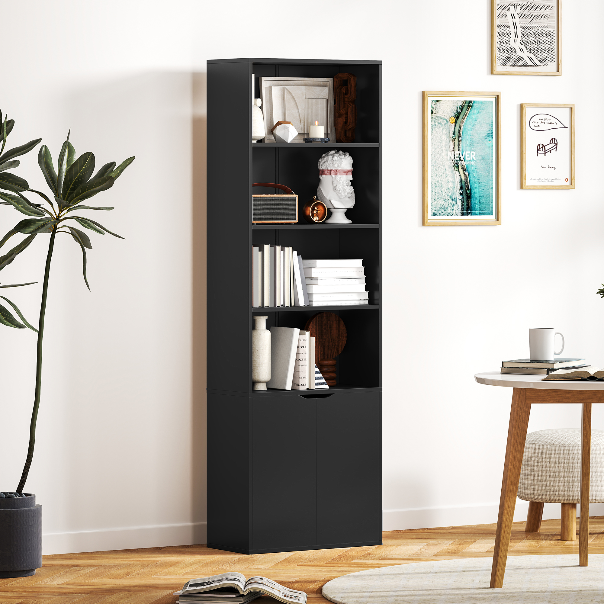 Bibliothèque Armoire À Livres Avec 4 Compartiments Ouverts Et 2 Portes