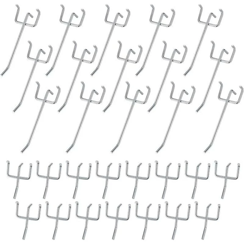 Crochets muraux pour panneaux perforés, fer nickelé, 15 × 5 cm et 15 × 10 cm, lot de 30