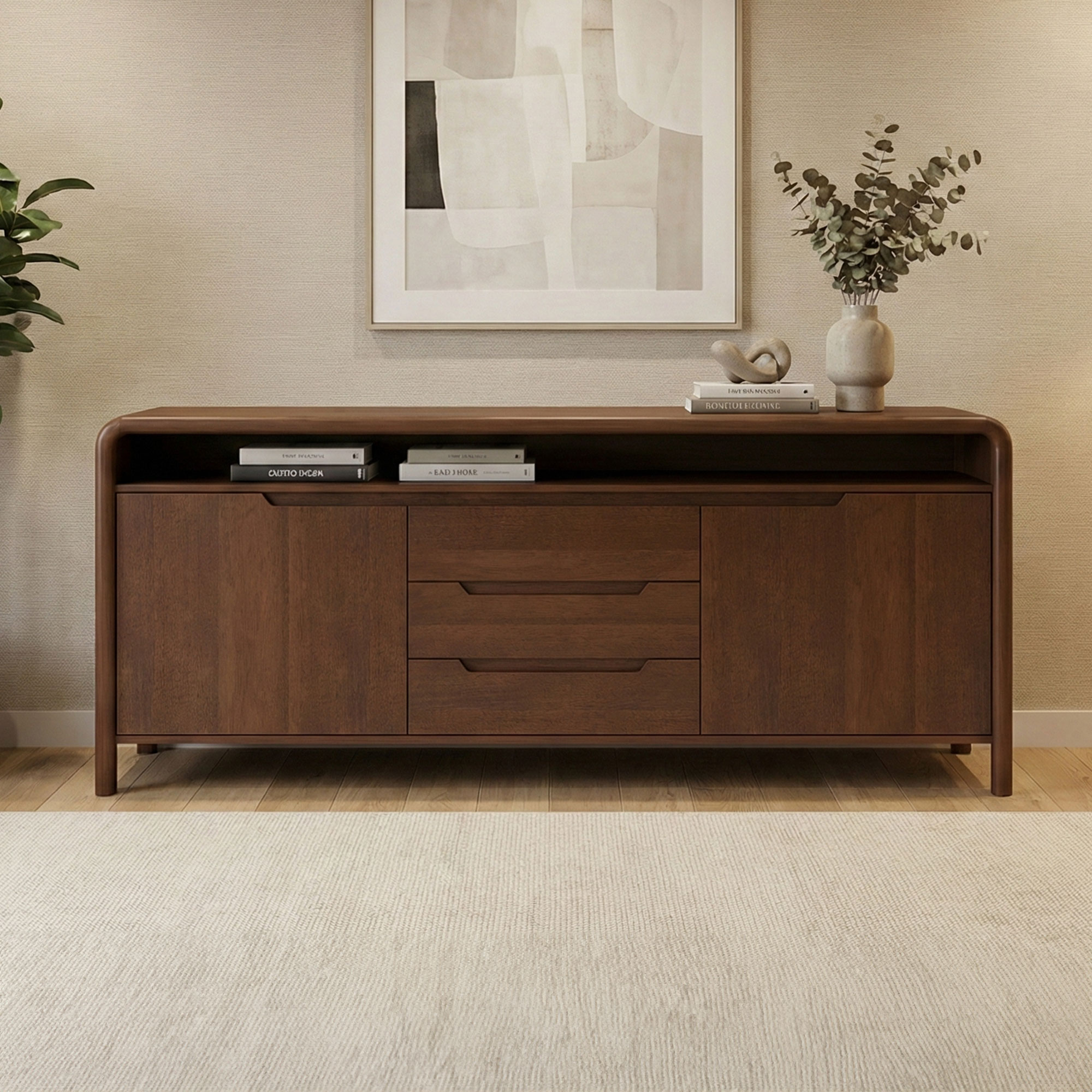 M&s – Buffet En Bois De Manguier Brun 180x43x75cm – Finitions Courbées