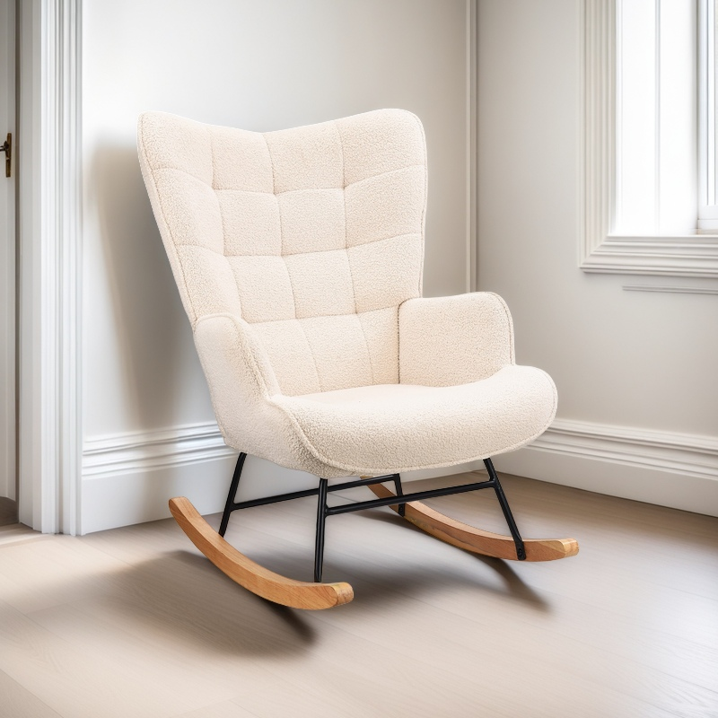 Tanant – Fauteuil À Bascule En Velours Teddy Beige – Dossier Capitonné